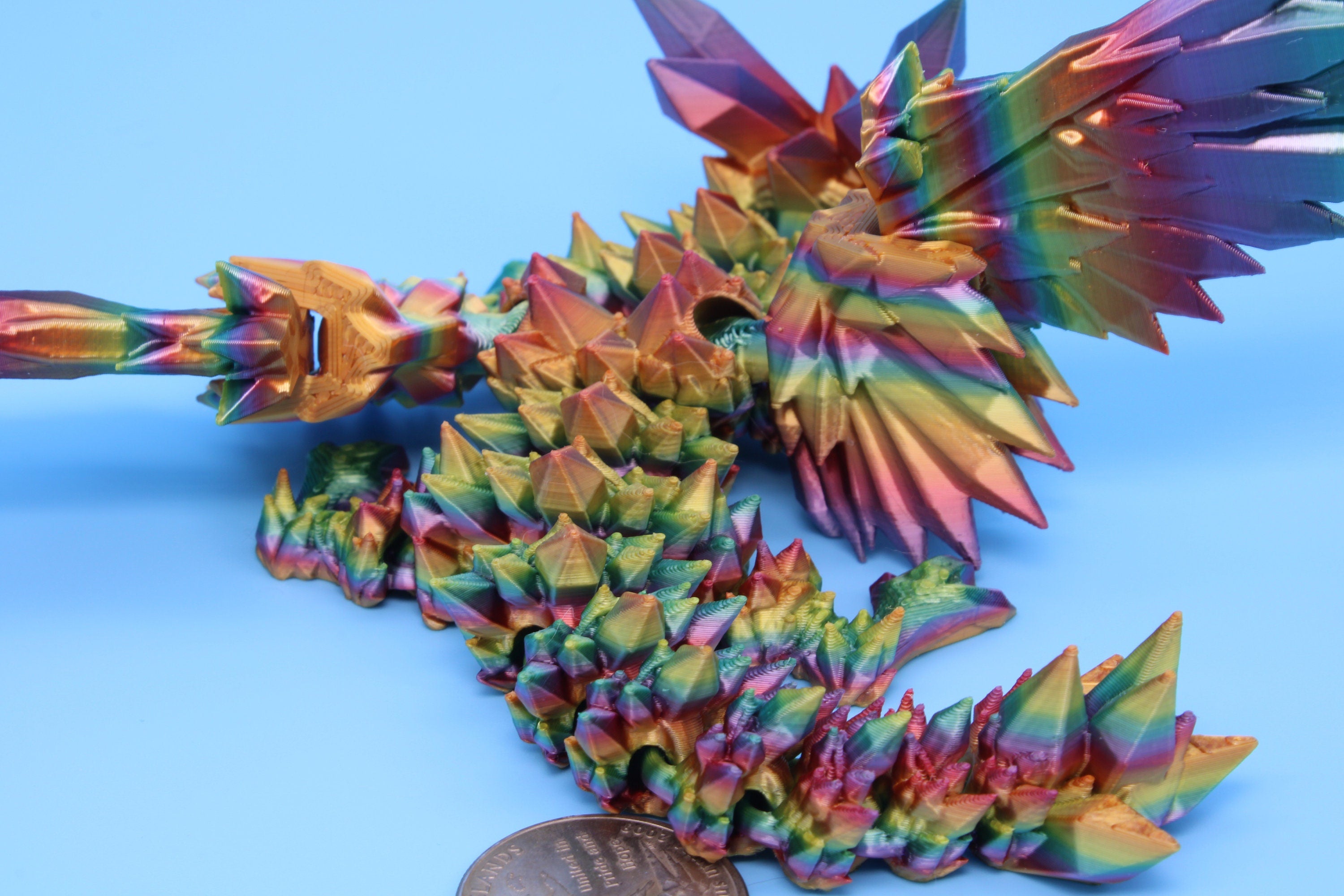 Baby Crystal Wing Dragon- Rainbow | Miniature | 3D printed | Dragon Fidget | Flexi Toy | 7 in. | Pet Dragon.