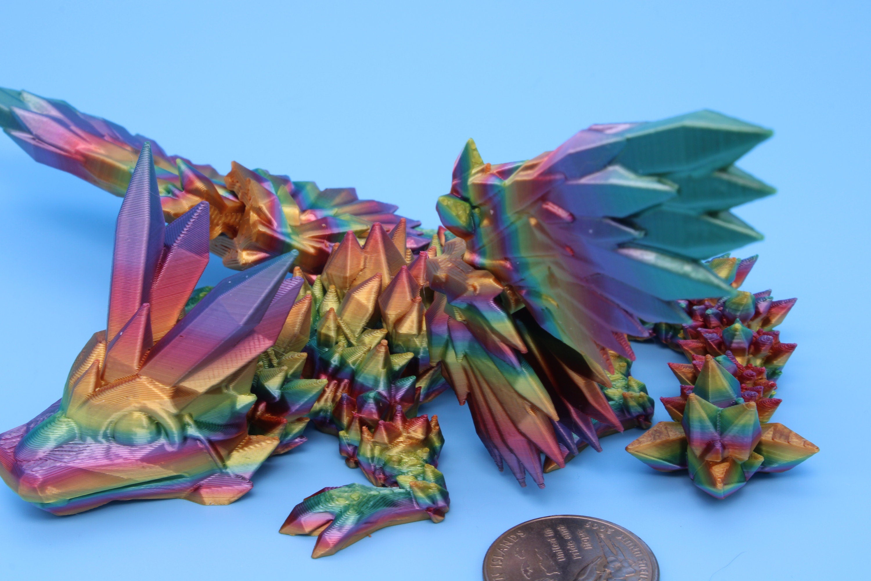 Baby Crystal Wing Dragon- Rainbow | Miniature | 3D printed | Dragon Fidget | Flexi Toy | 7 in. | Pet Dragon.