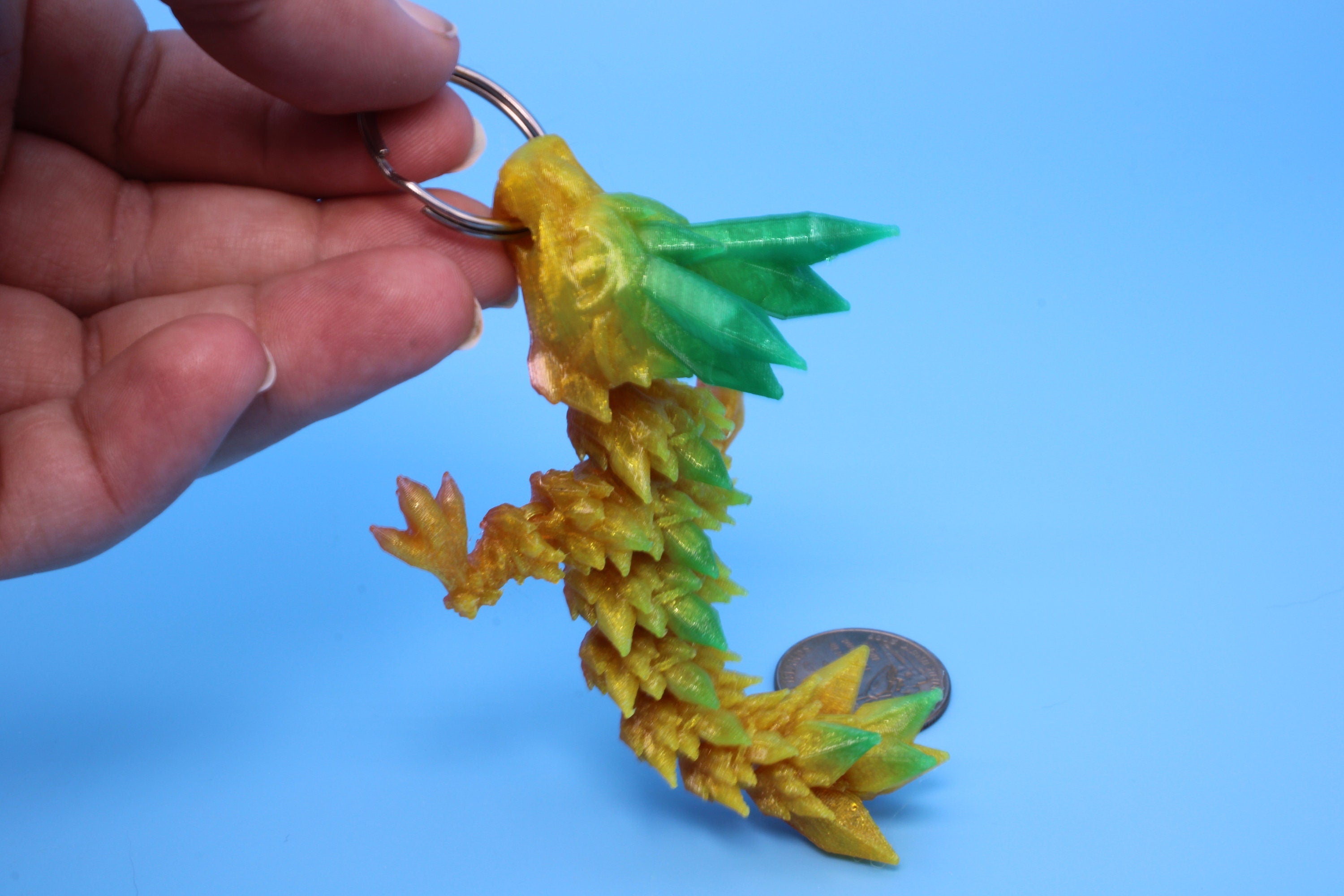 Crystal Dragon Keychain | Yellow / Green Tadling | 3D Printed (TPU) | 4.5 in. | Fidget Toy | Flexi Dragon.