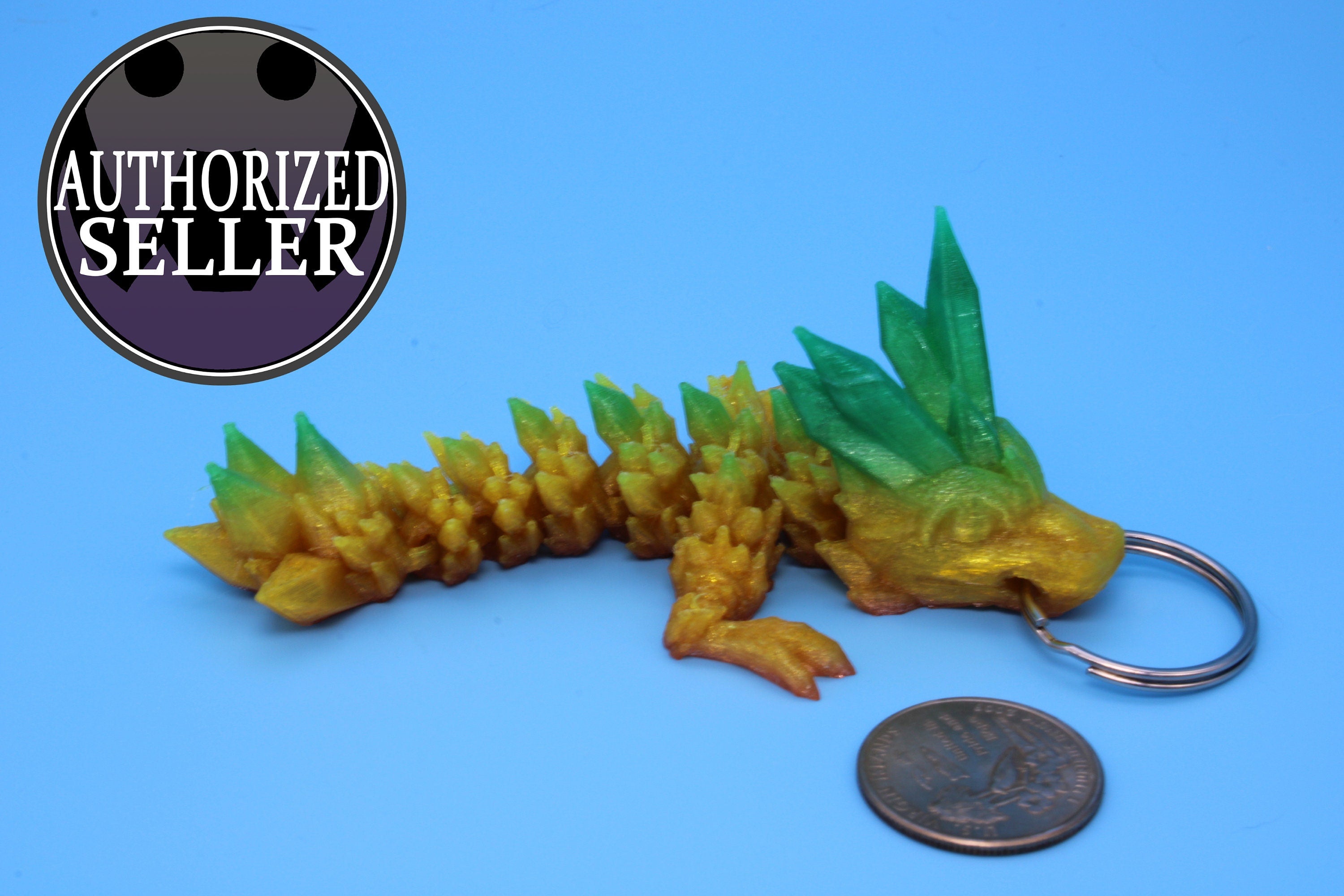 Crystal Dragon Keychain | Yellow / Green Tadling | 3D Printed (TPU) | 4.5 in. | Fidget Toy | Flexi Dragon.