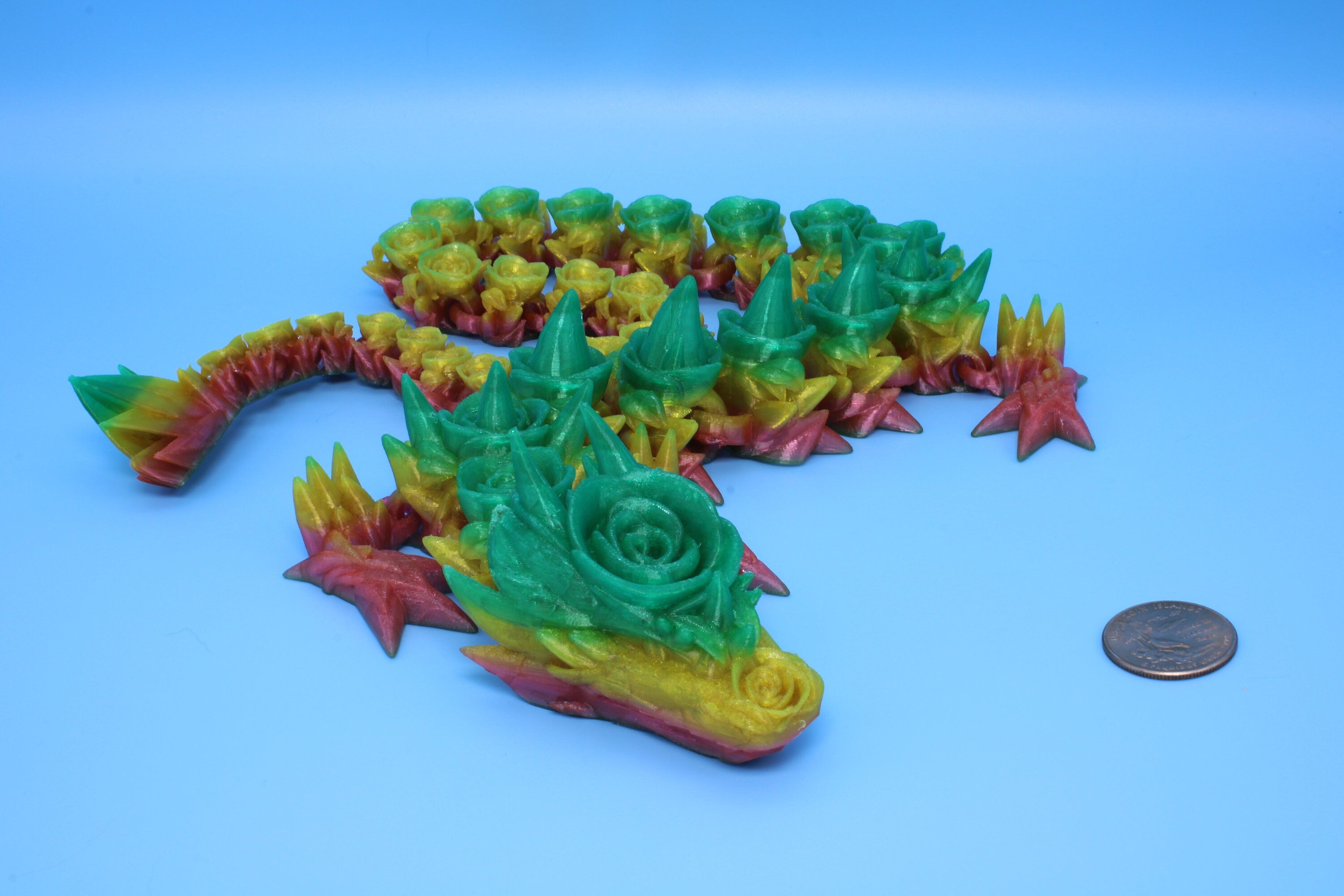 Rose Dragon- Green & Yellow | 3D Printed TPU | Fidget, Sensory Toy Dragon, Desk Toys. 29 in.