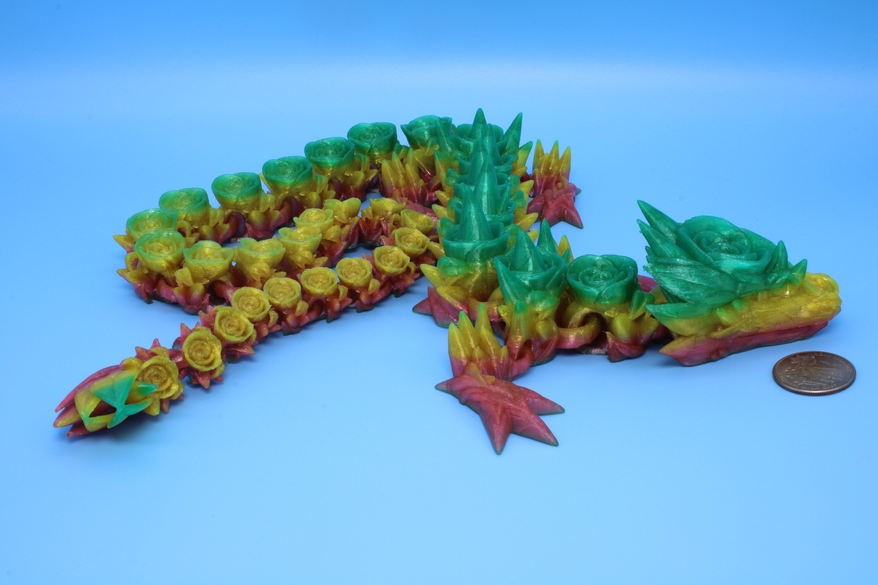 Rose Dragon- Green & Yellow | 3D Printed TPU | Fidget, Sensory Toy Dragon, Desk Toys. 29 in.