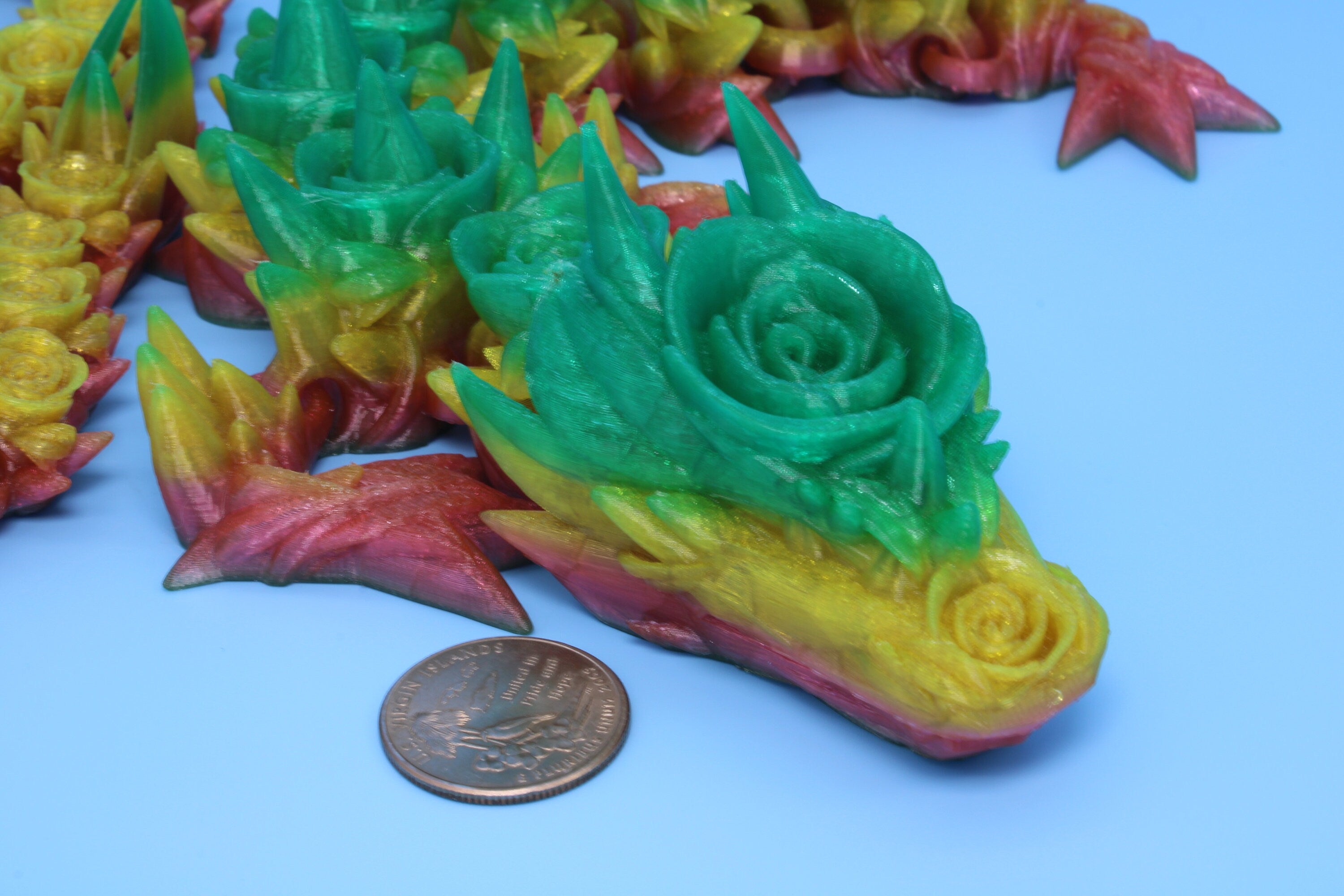 Rose Dragon- Green & Yellow | 3D Printed TPU | Fidget, Sensory Toy Dragon, Desk Toys. 29 in.