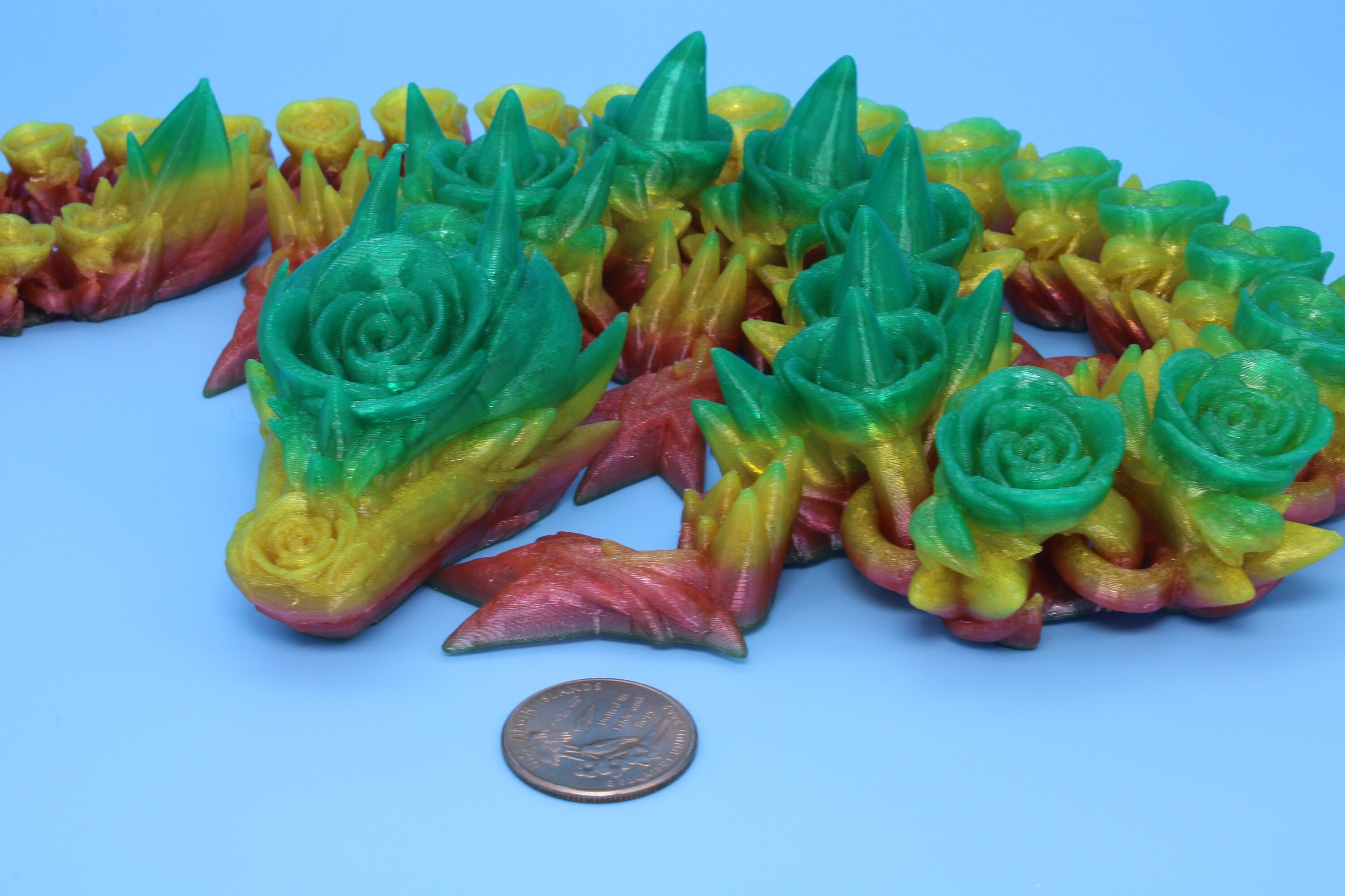 Rose Dragon- Green & Yellow | 3D Printed TPU | Fidget, Sensory Toy Dragon, Desk Toys. 29 in.