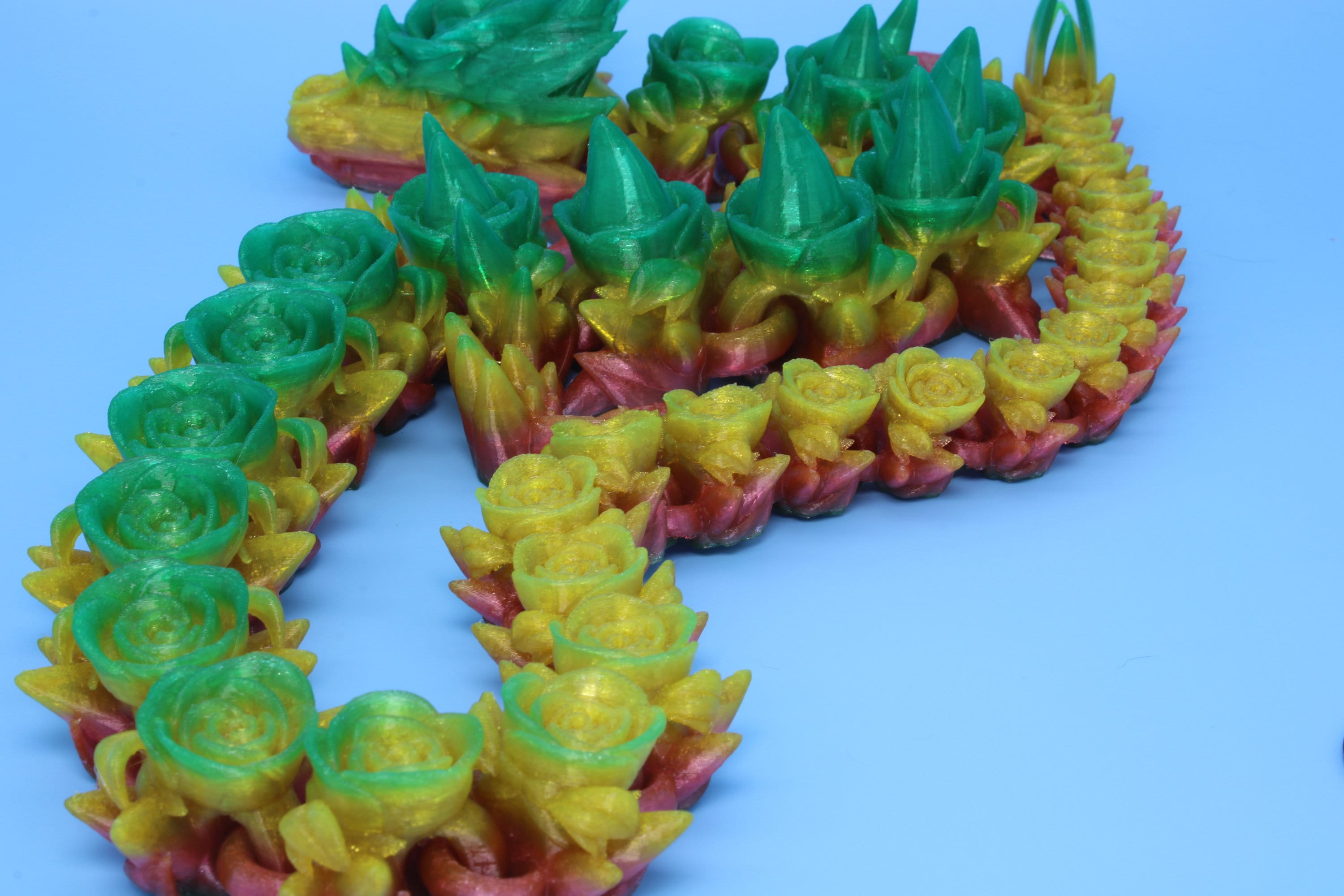 Rose Dragon- Green & Yellow | 3D Printed TPU | Fidget, Sensory Toy Dragon, Desk Toys. 29 in.