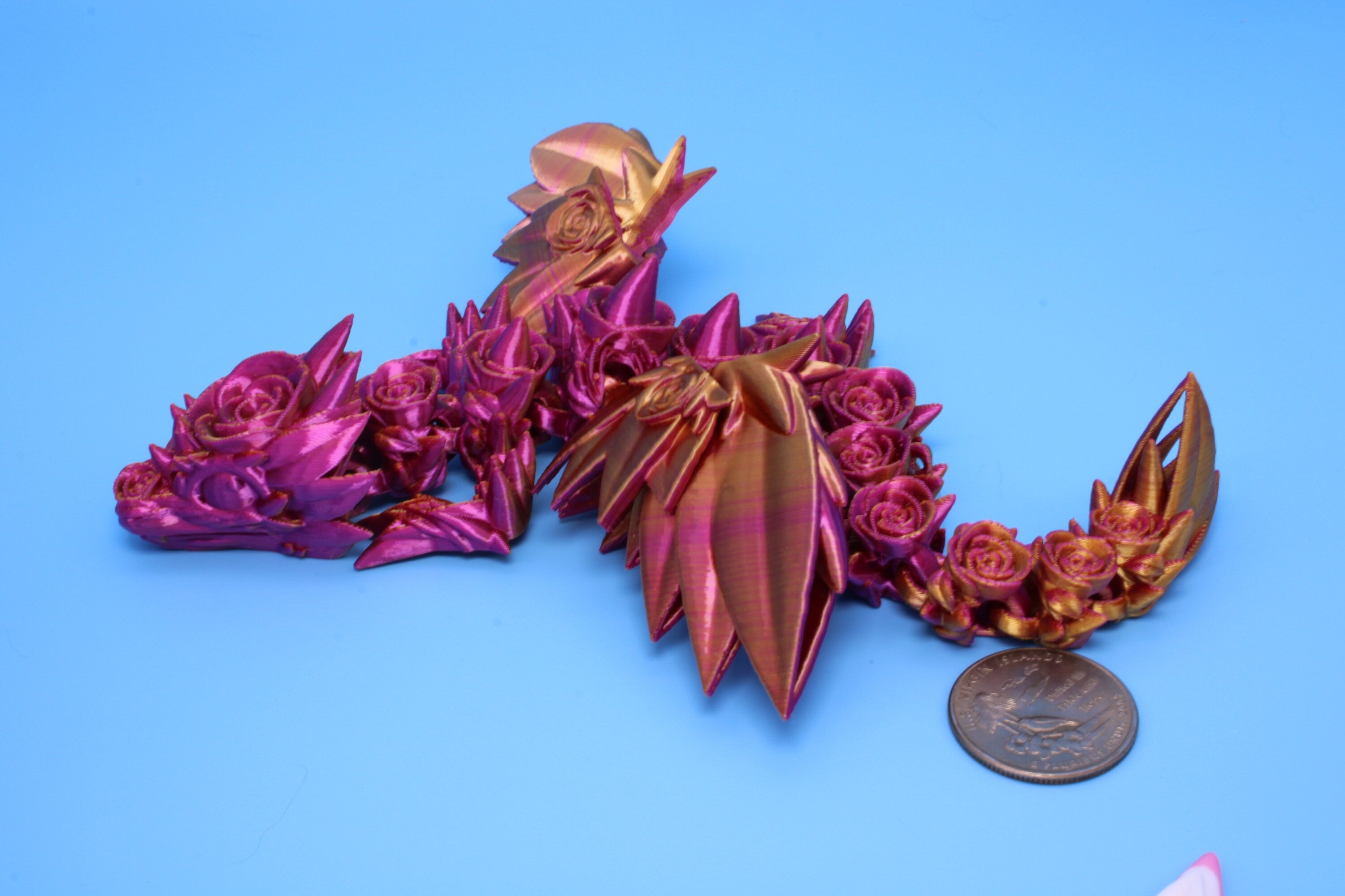 Baby Rose Wing Dragon | Pink & Gold | 3D Printed | Fidget | Flexi Toy 8.5 in. | Stress Relief Gift