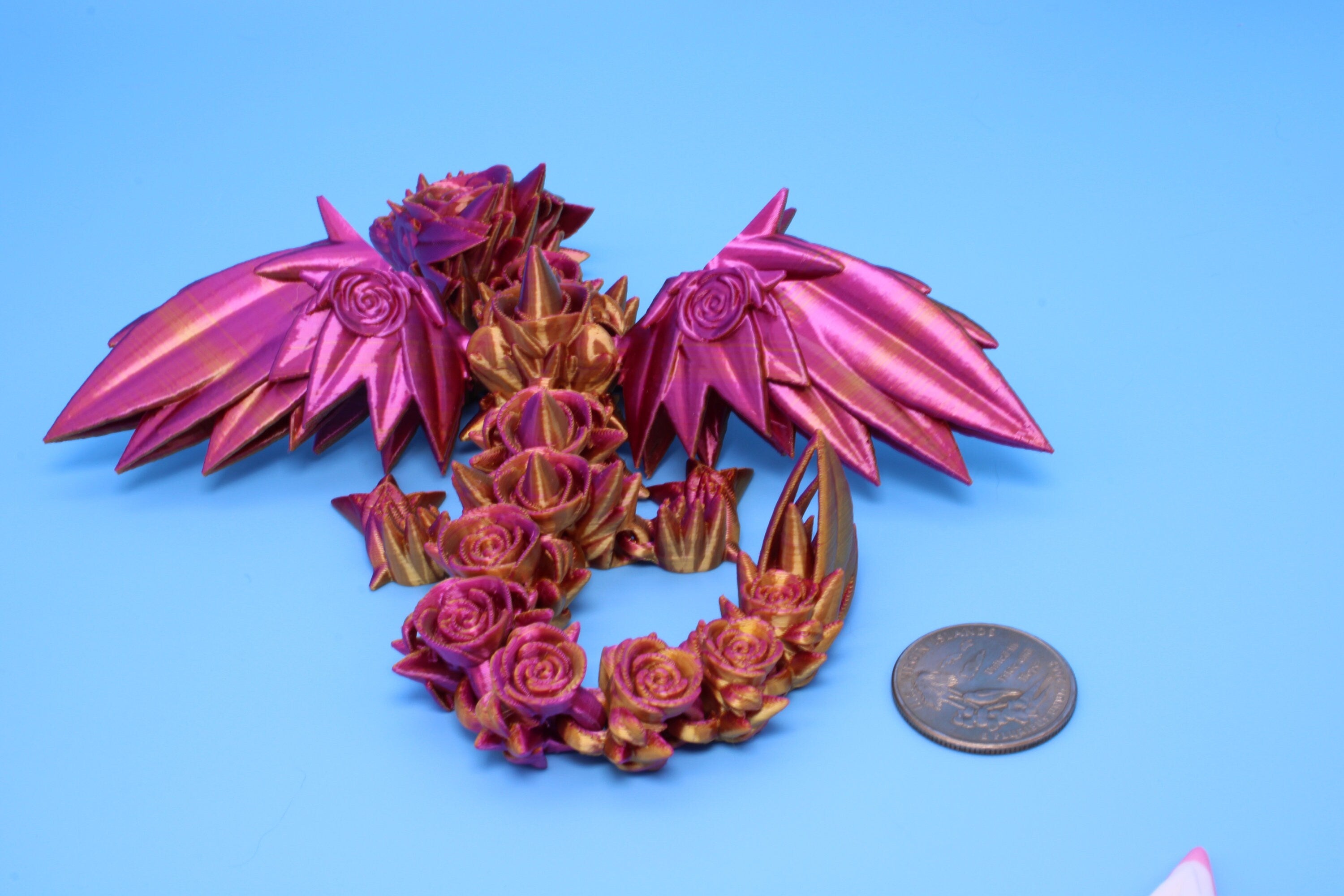 Baby Rose Wing Dragon | Pink & Gold | 3D Printed | Fidget | Flexi Toy 8.5 in. | Stress Relief Gift