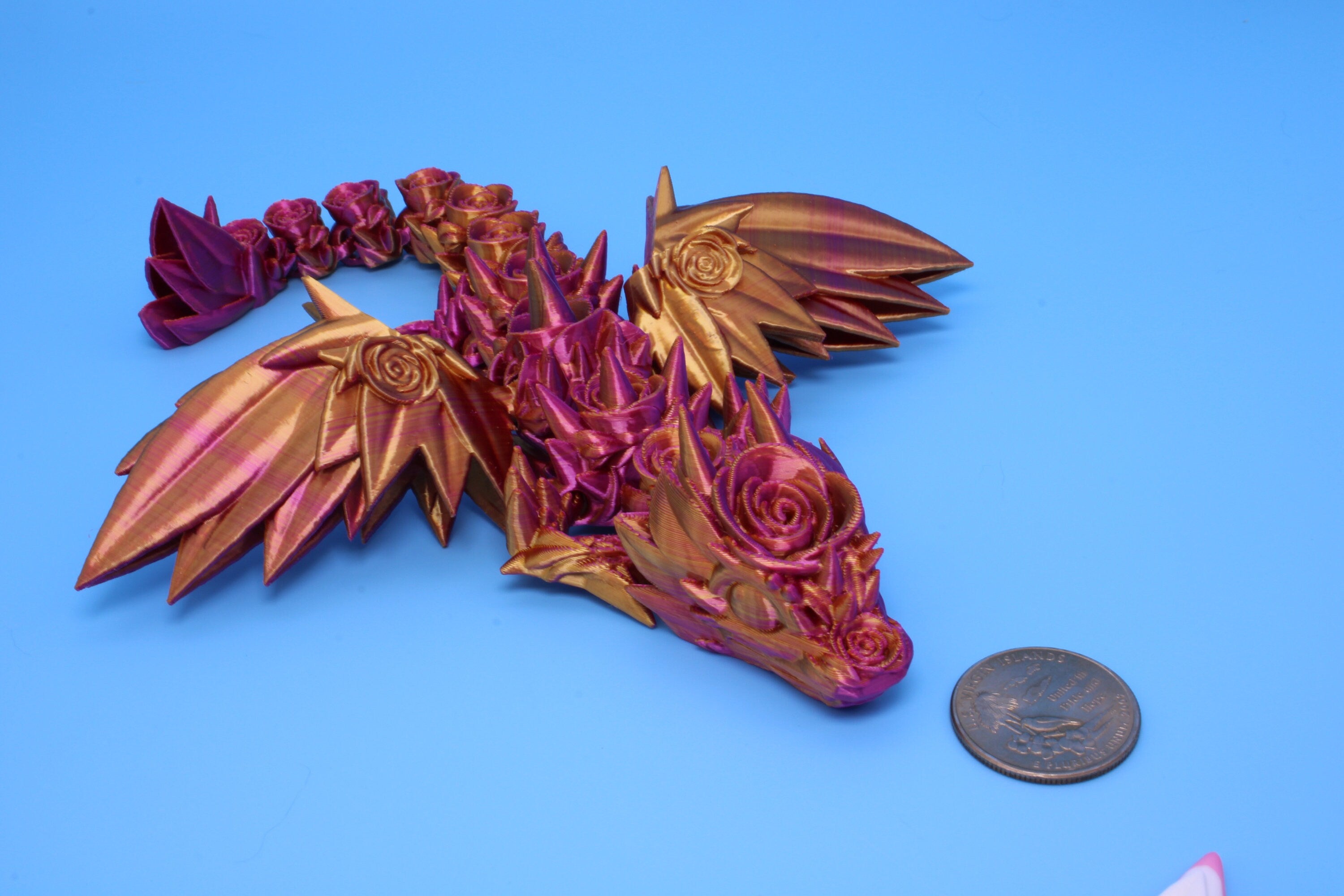 Baby Rose Wing Dragon | Pink & Gold | 3D Printed | Fidget | Flexi Toy 8.5 in. | Stress Relief Gift