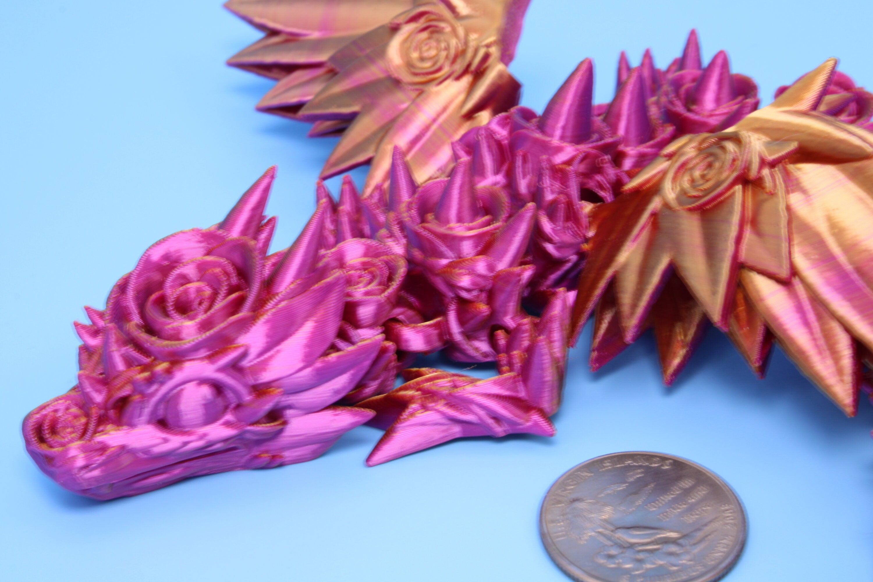 Baby Rose Wing Dragon | Pink & Gold | 3D Printed | Fidget | Flexi Toy 8.5 in. | Stress Relief Gift