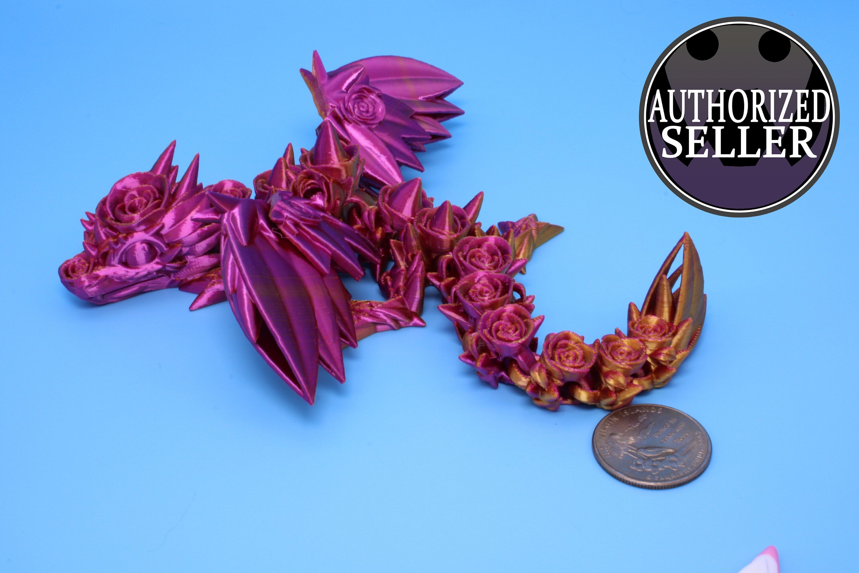 Baby Rose Wing Dragon | Pink & Gold | 3D Printed | Fidget | Flexi Toy 8.5 in. | Stress Relief Gift