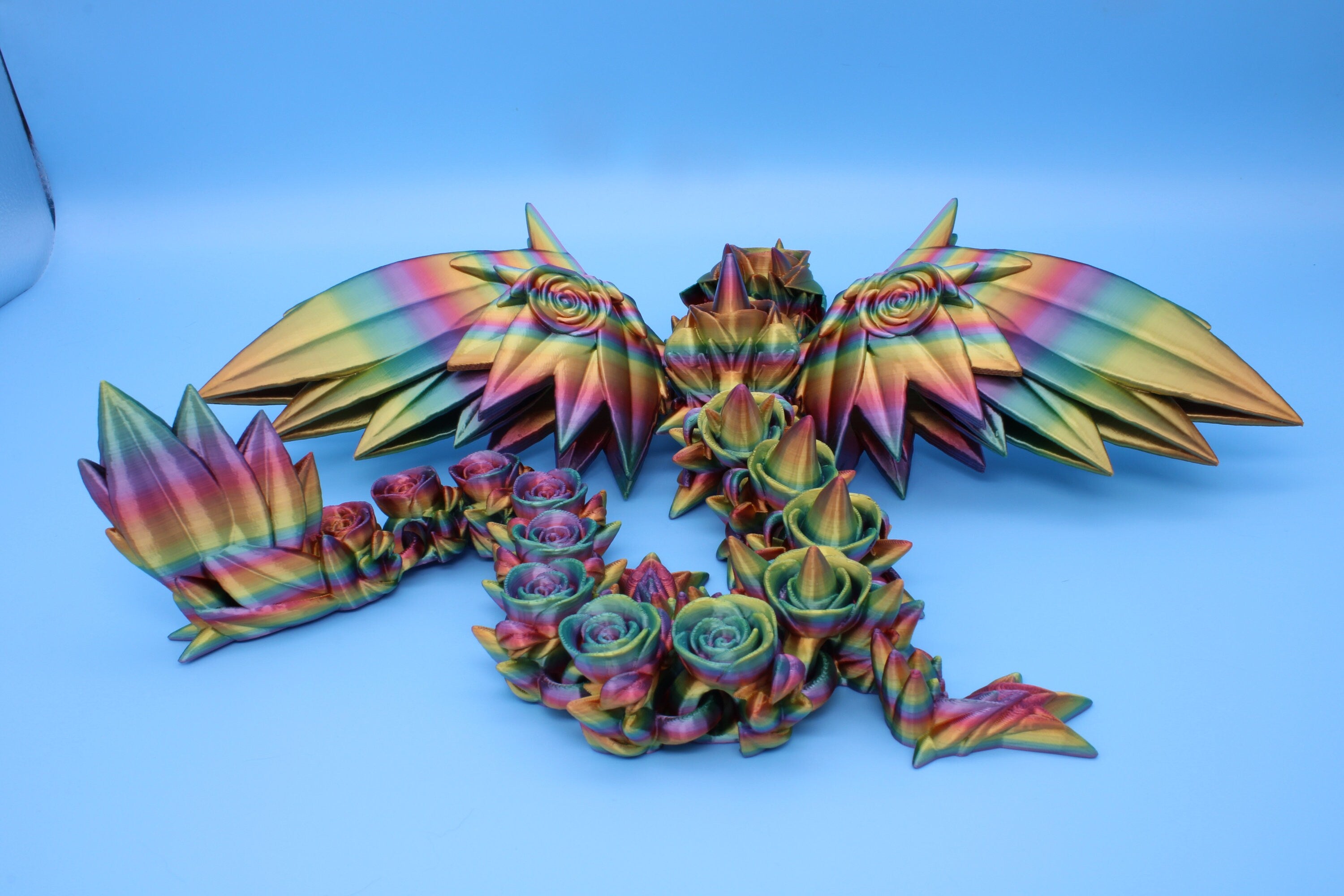 Rose Wing Dragon- Rainbow | Articulating Dragon | 3D Printed Fidget | 19 in.