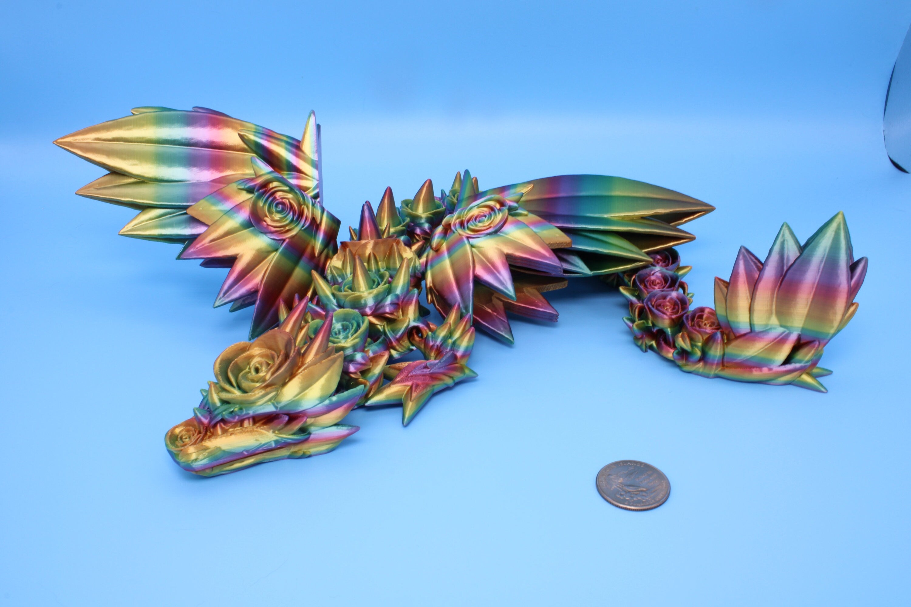 Rose Wing Dragon- Rainbow | Articulating Dragon | 3D Printed Fidget | 19 in.