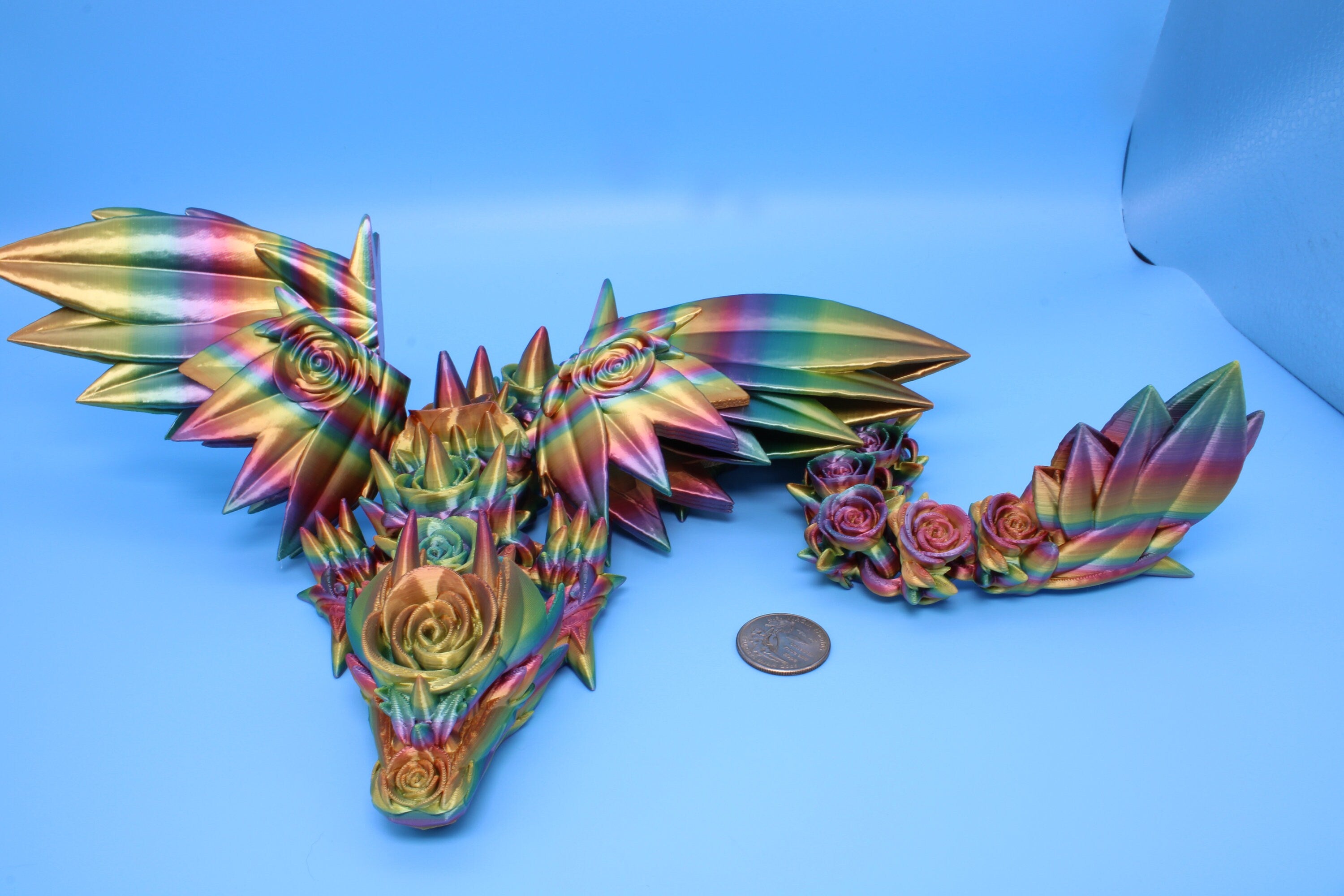 Rose Wing Dragon- Rainbow | Articulating Dragon | 3D Printed Fidget | 19 in.