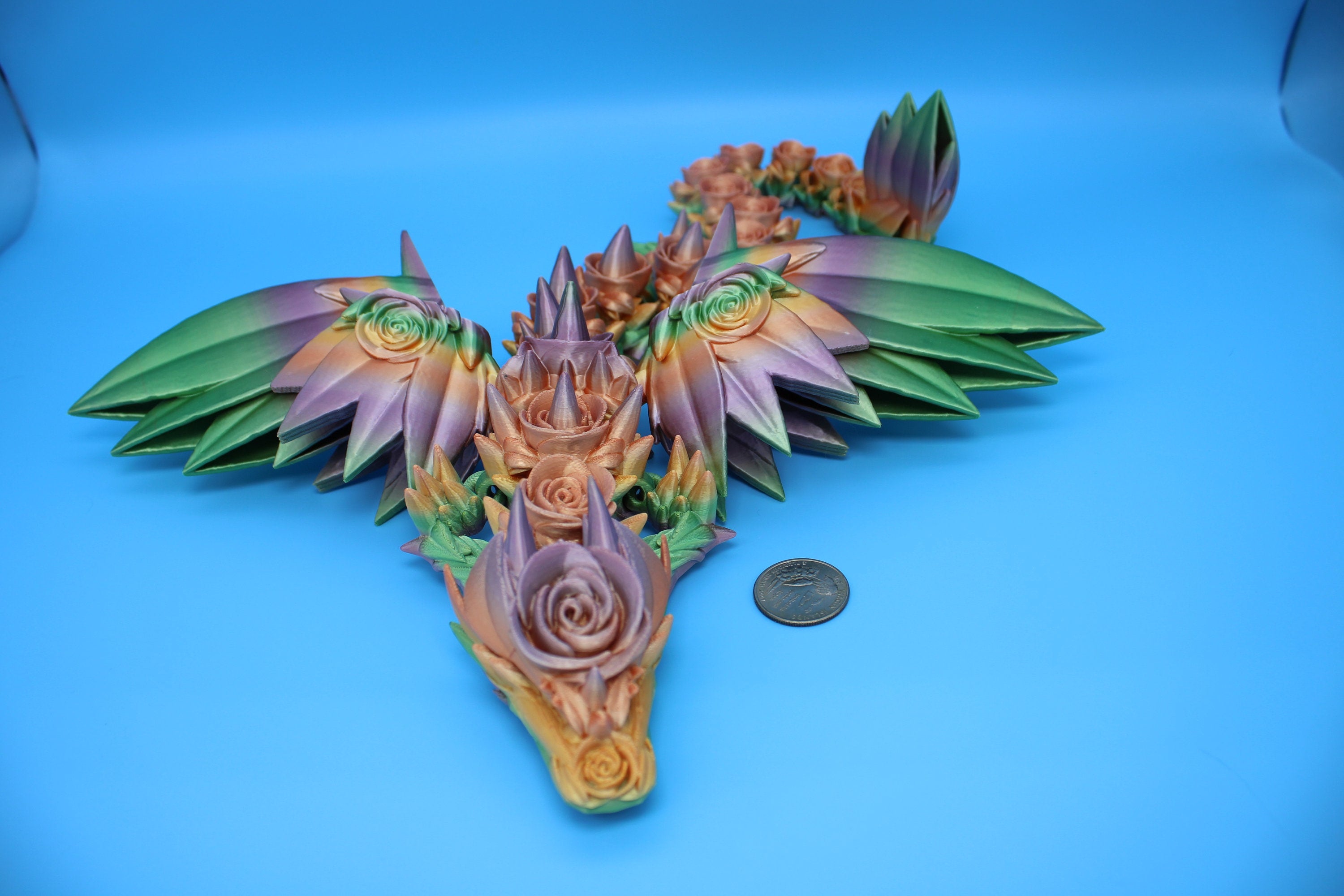 Rose Wing Dragon- Rainbow | Articulating Dragon | 3D Printed Fidget | 19 in.