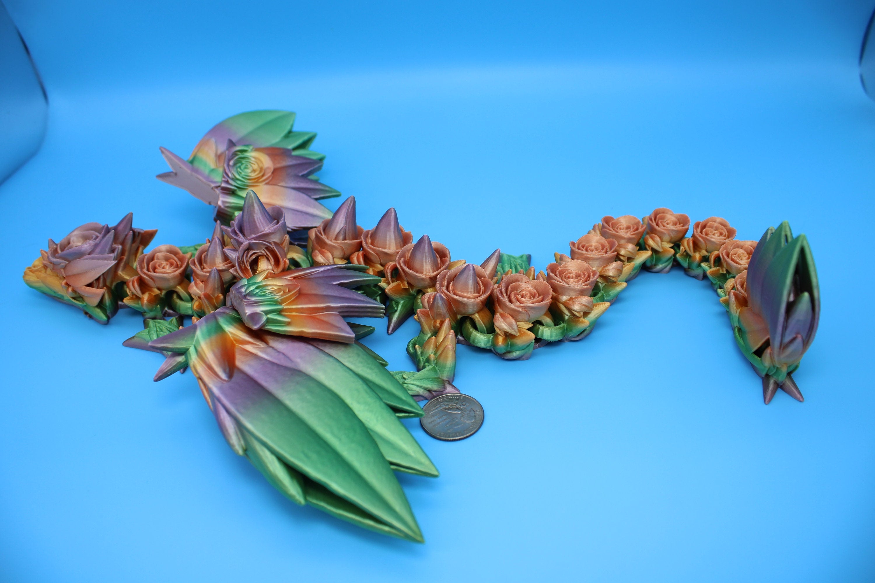 Rose Wing Dragon- Rainbow | Articulating Dragon | 3D Printed Fidget | 19 in.