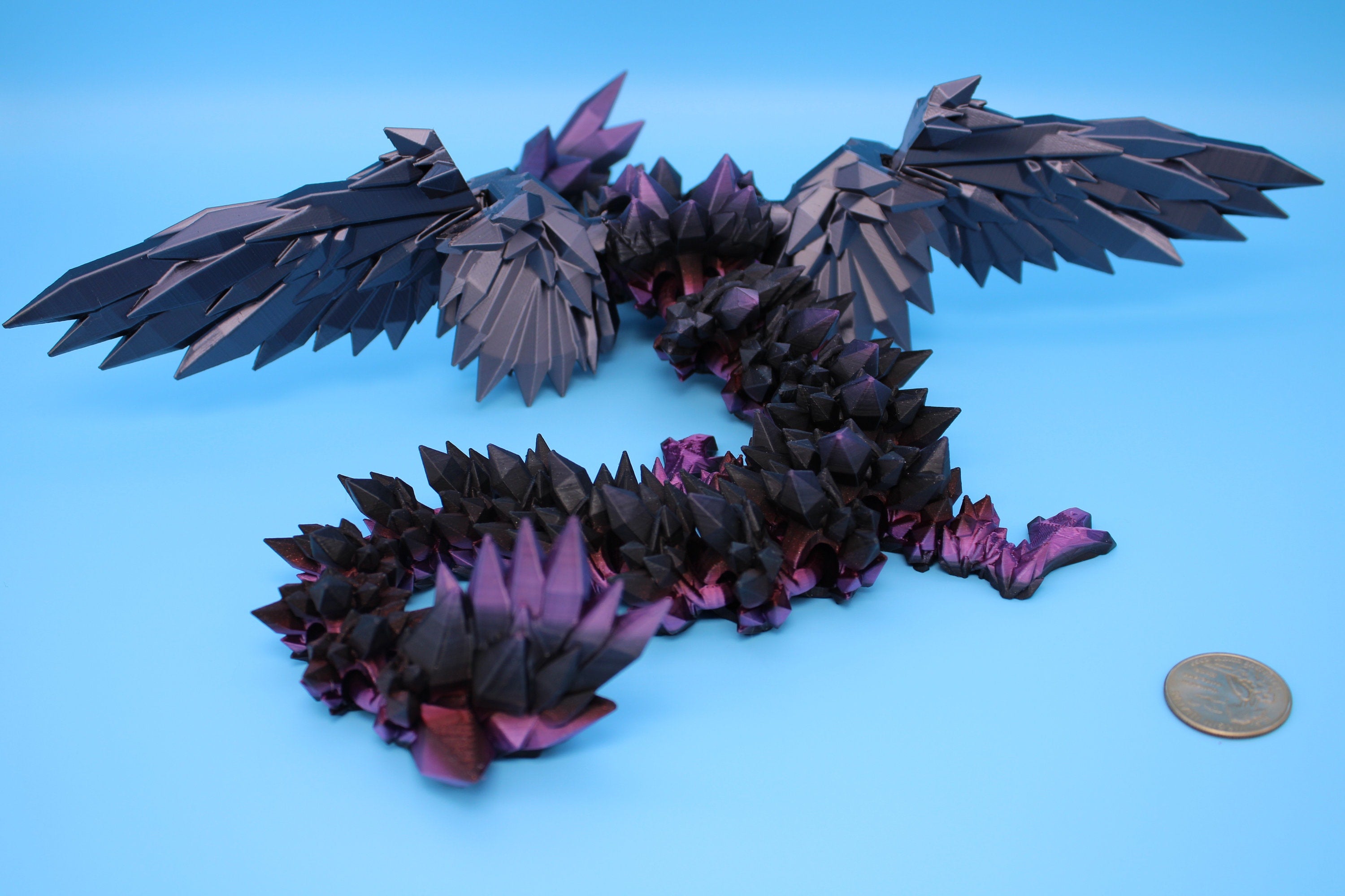 Crystal Wing Dragon- Dark Rainbow with Black Wings | 3D printed | 18 in. | Articulating Dragon | Flexi Toy.