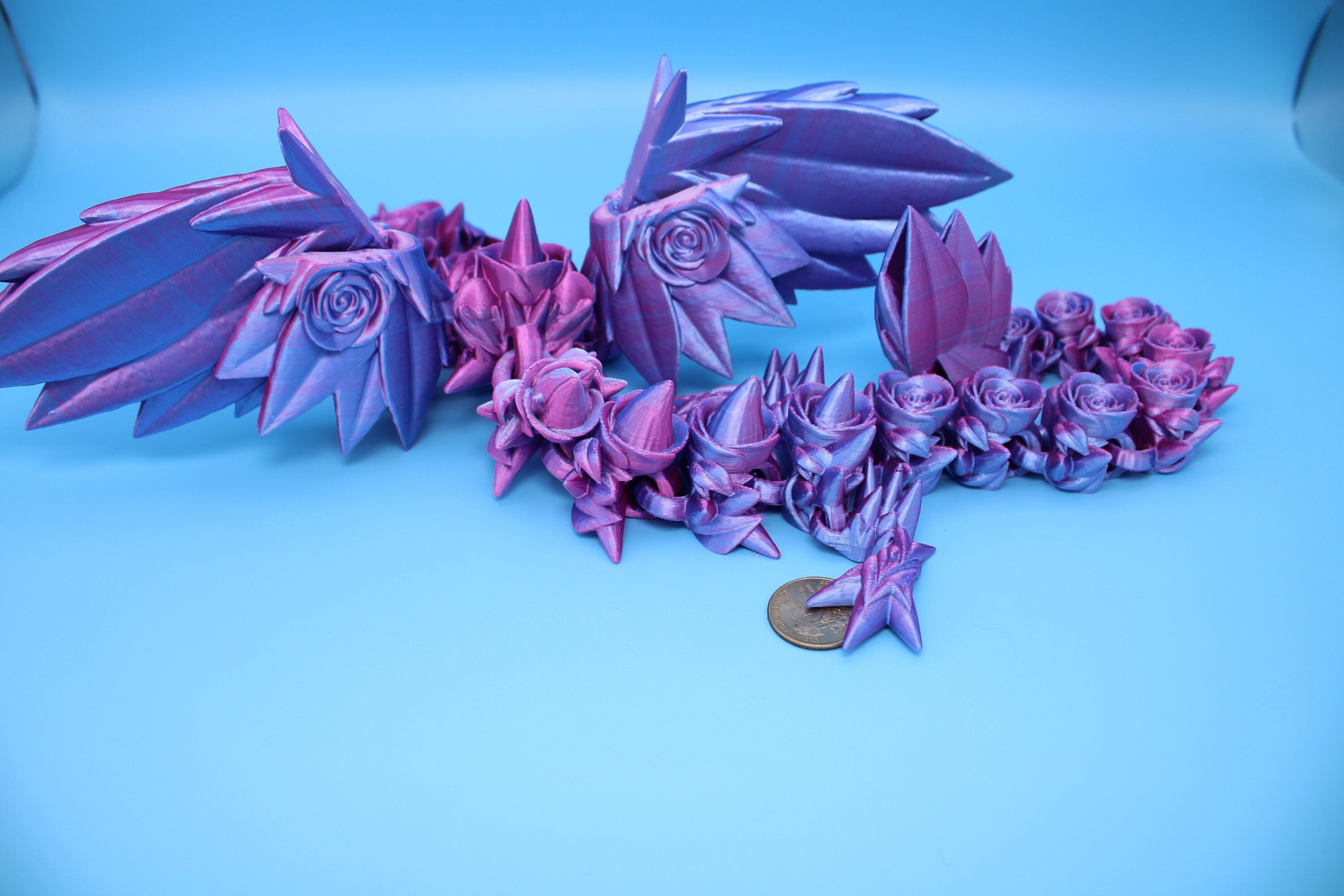 Rose Wing Dragon- Pink & Blue | Articulating Dragon | 3D Printed Fidget | 19 in.