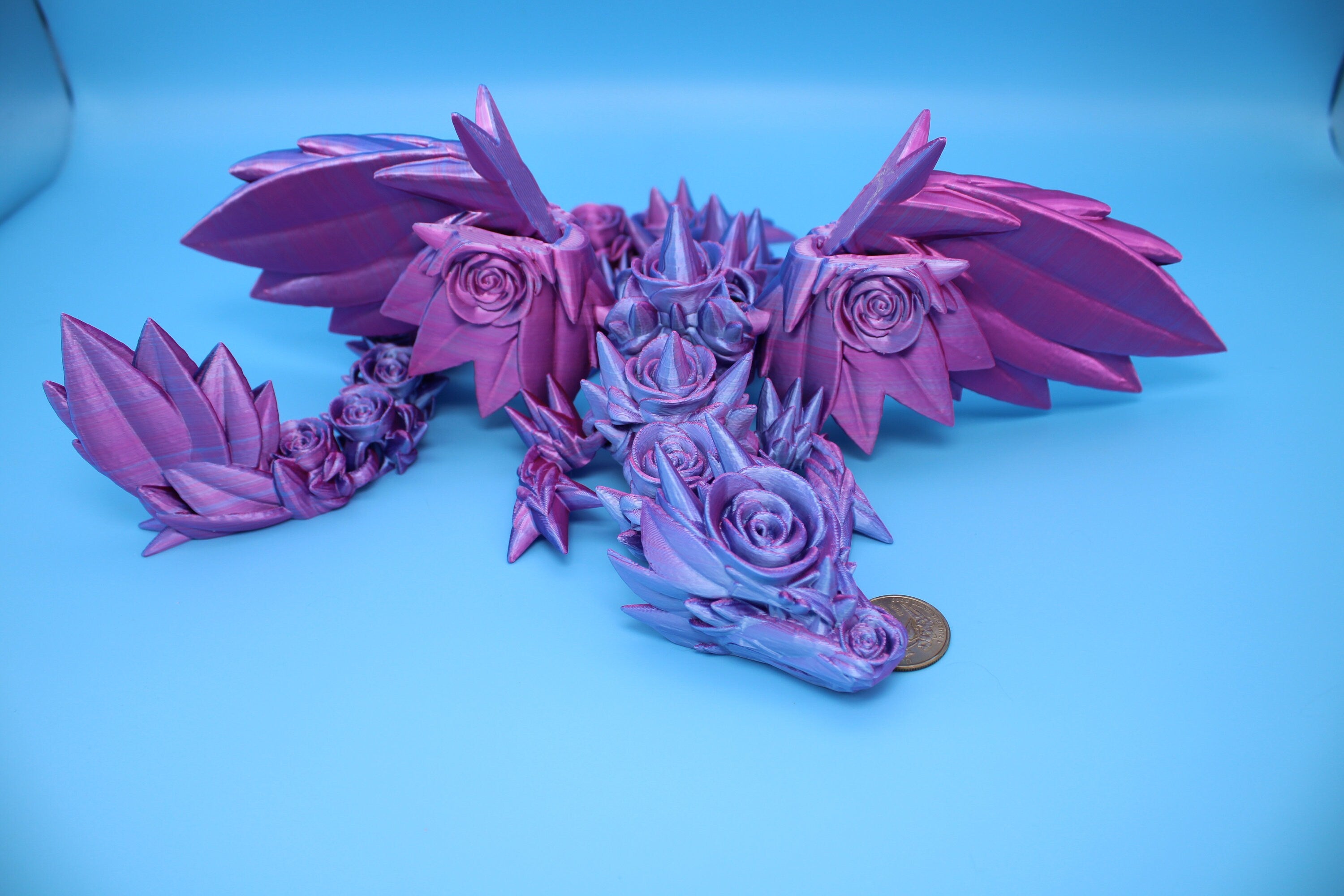 Rose Wing Dragon- Pink & Blue | Articulating Dragon | 3D Printed Fidget | 19 in.