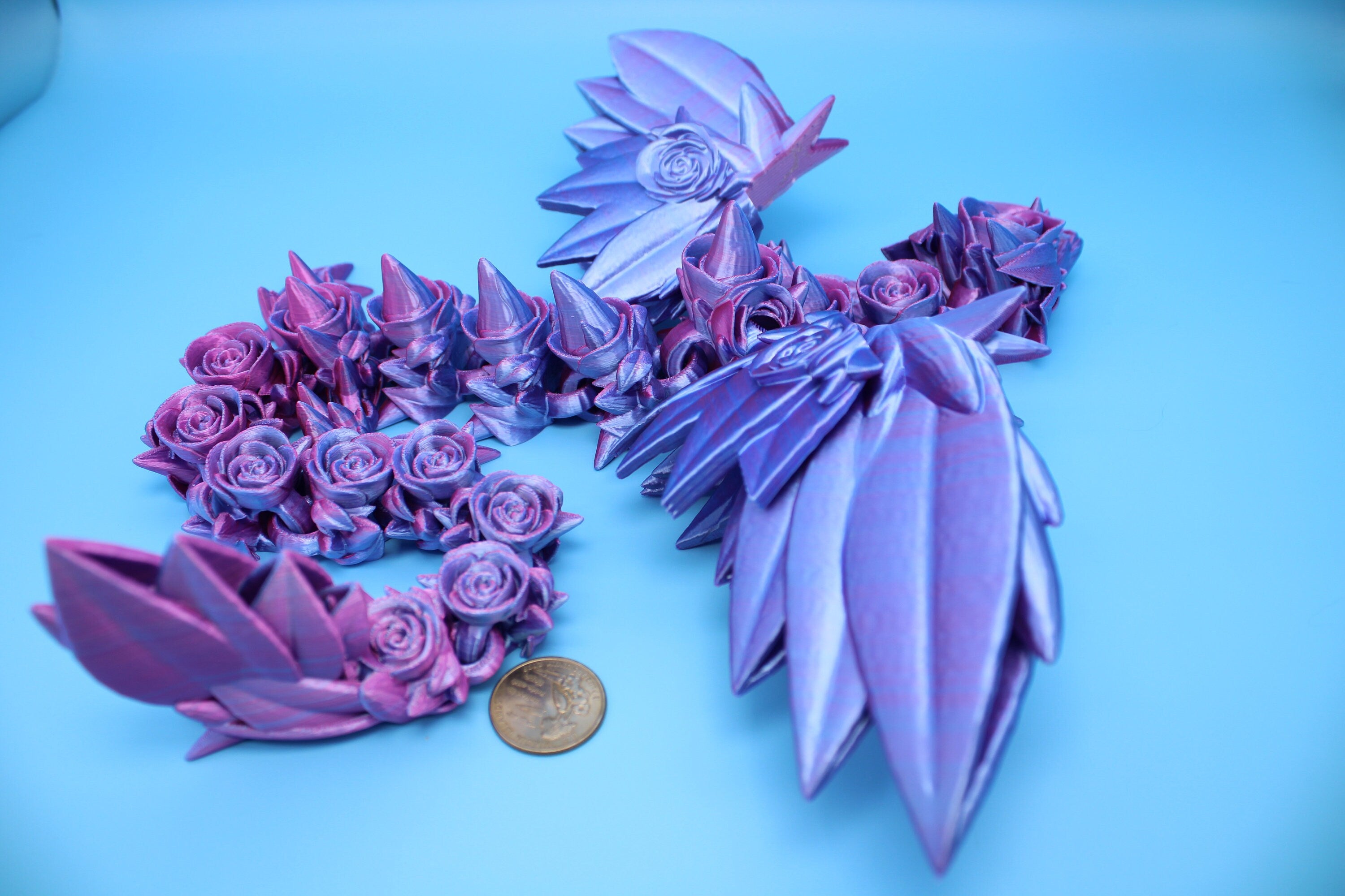 Rose Wing Dragon- Pink & Blue | Articulating Dragon | 3D Printed Fidget | 19 in.