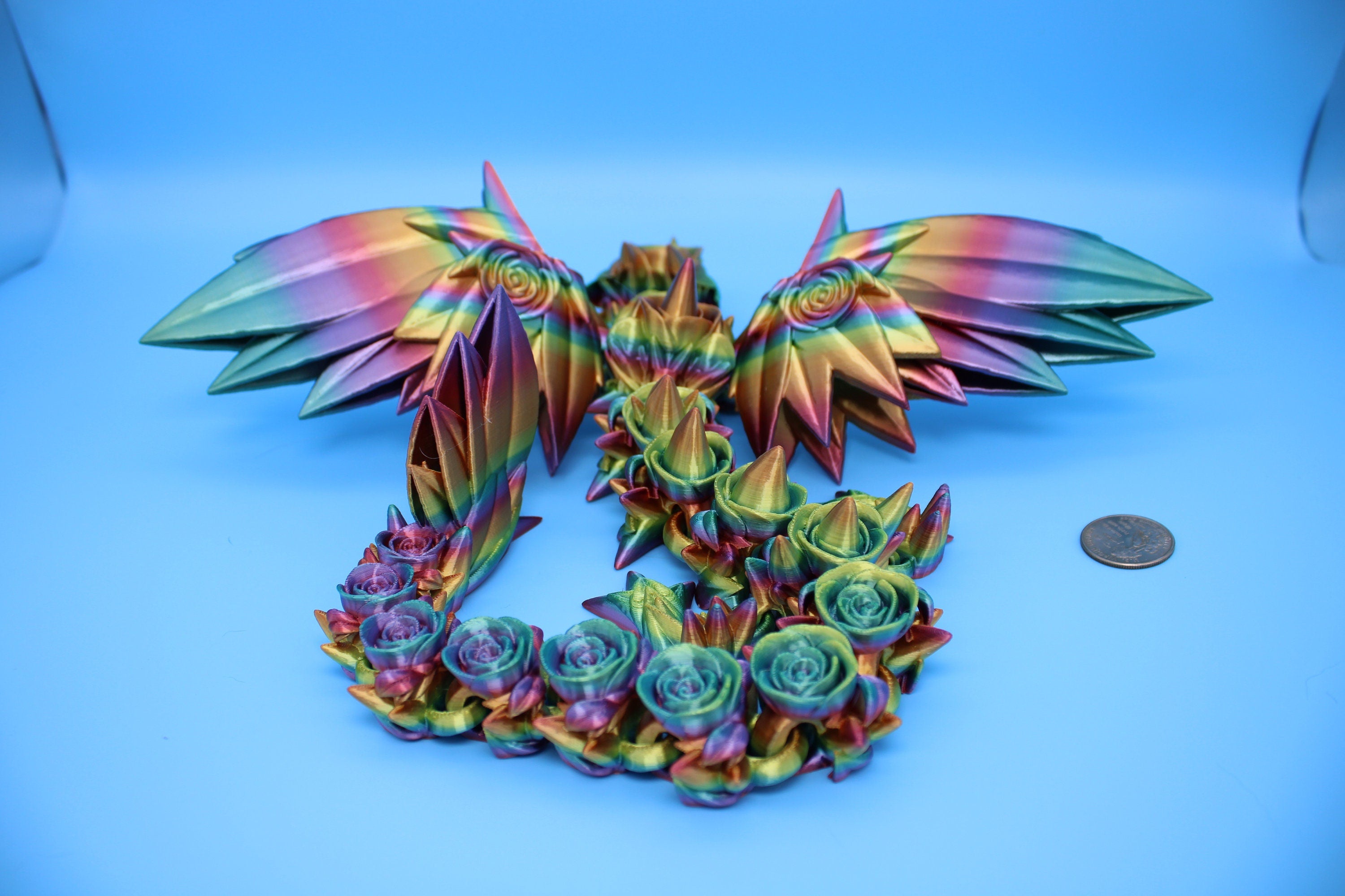 Rose Wing Dragon- Rainbow | Articulating Dragon | 3D Printed Fidget | 19 in.