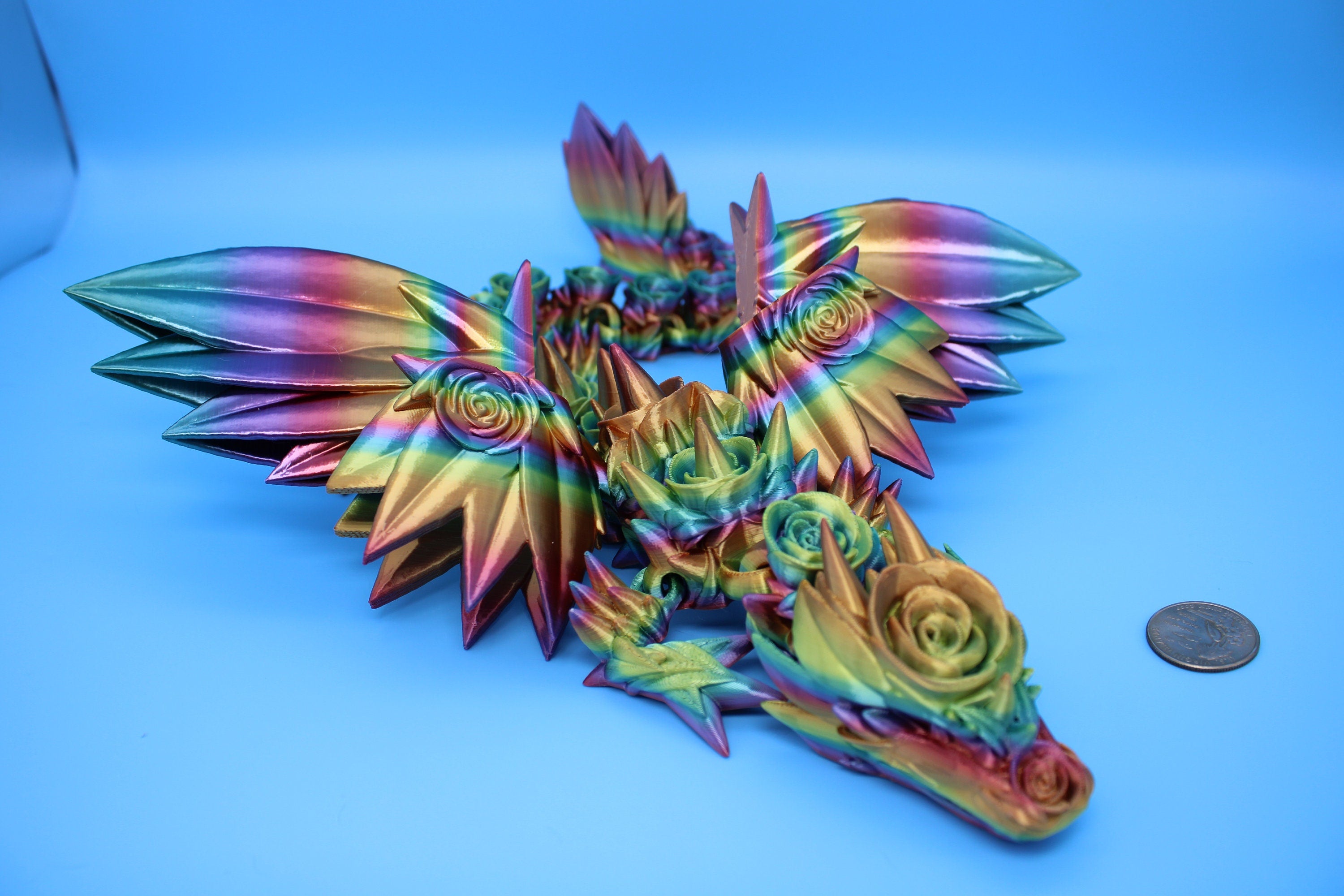 Rose Wing Dragon- Rainbow | Articulating Dragon | 3D Printed Fidget | 19 in.