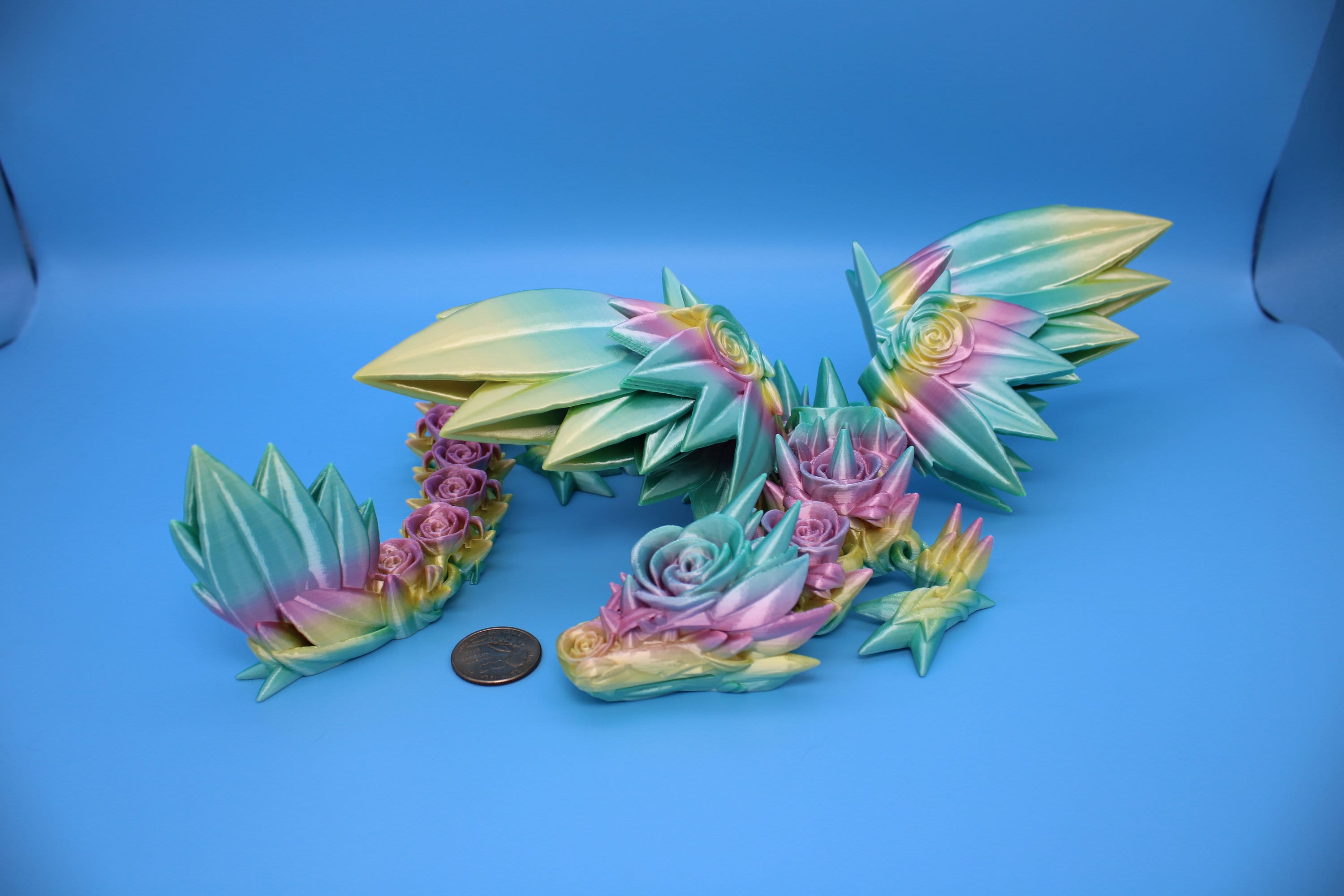 Rose Wing Dragon- Rainbow | Articulating Dragon | 3D Printed Fidget | 19 in.