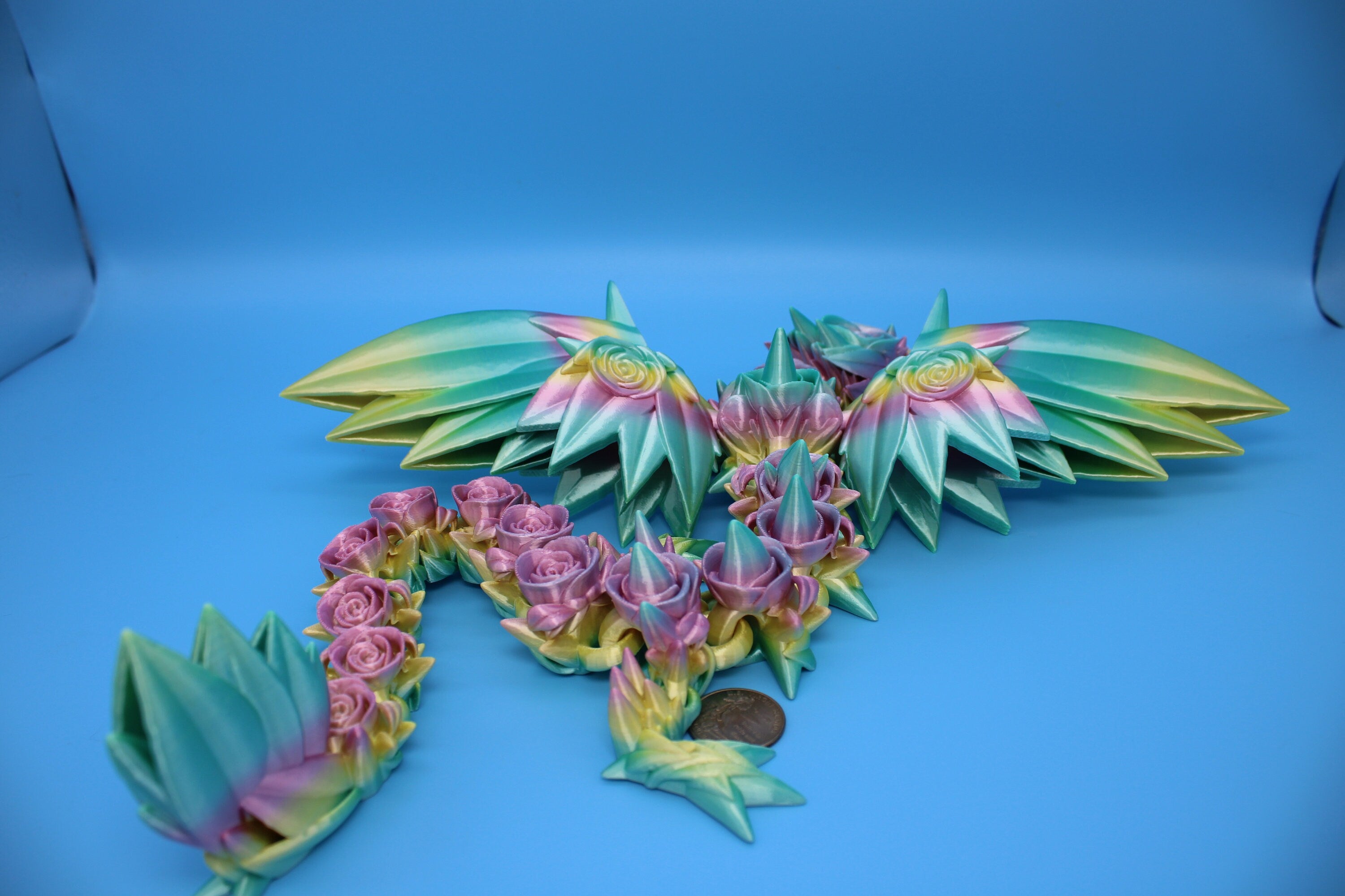 Rose Wing Dragon- Rainbow | Articulating Dragon | 3D Printed Fidget | 19 in.