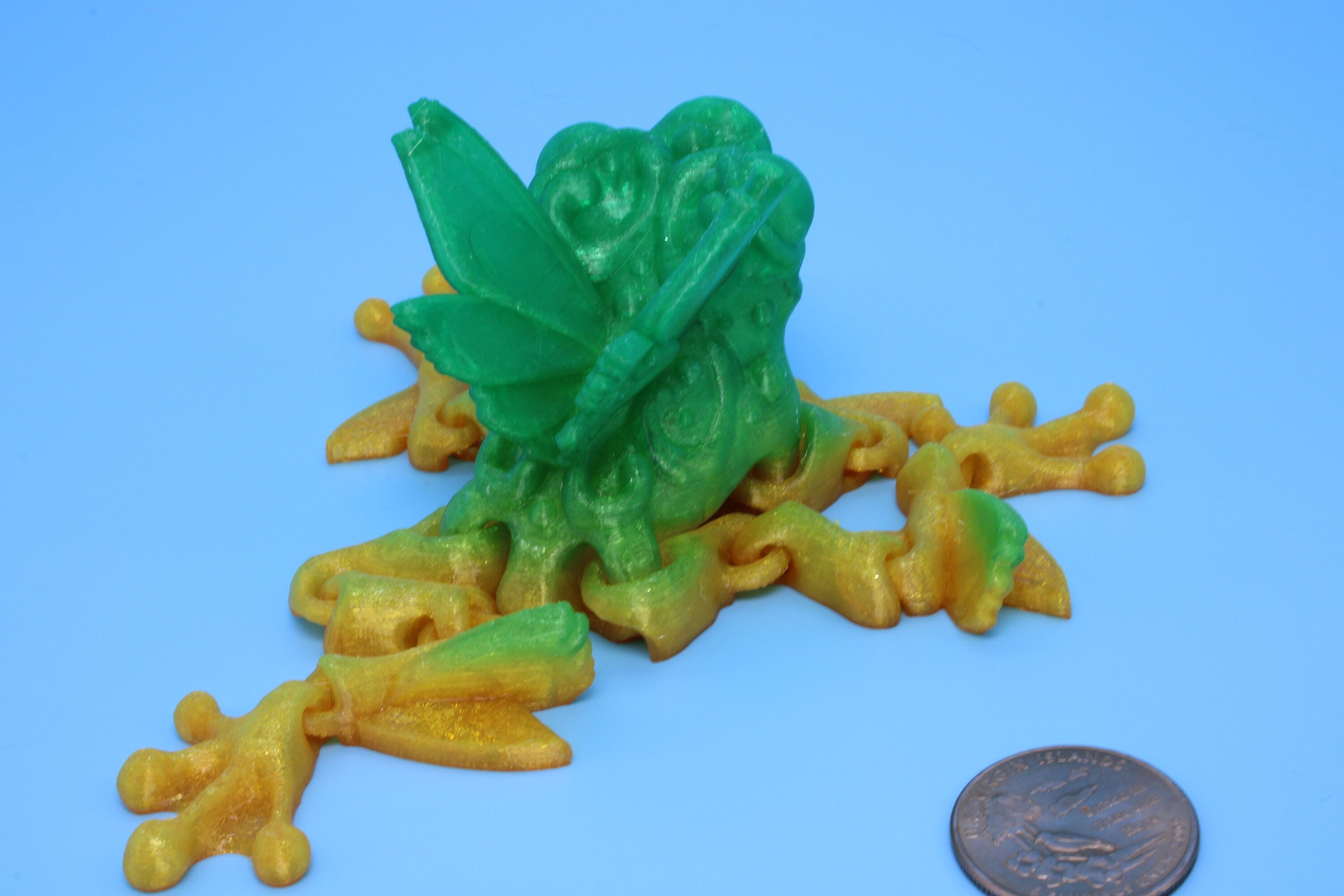 Butterfly Frog-Green & Yellow | 3D Printed | Flutter Frog | Fidget Toy | Articulating Frog.