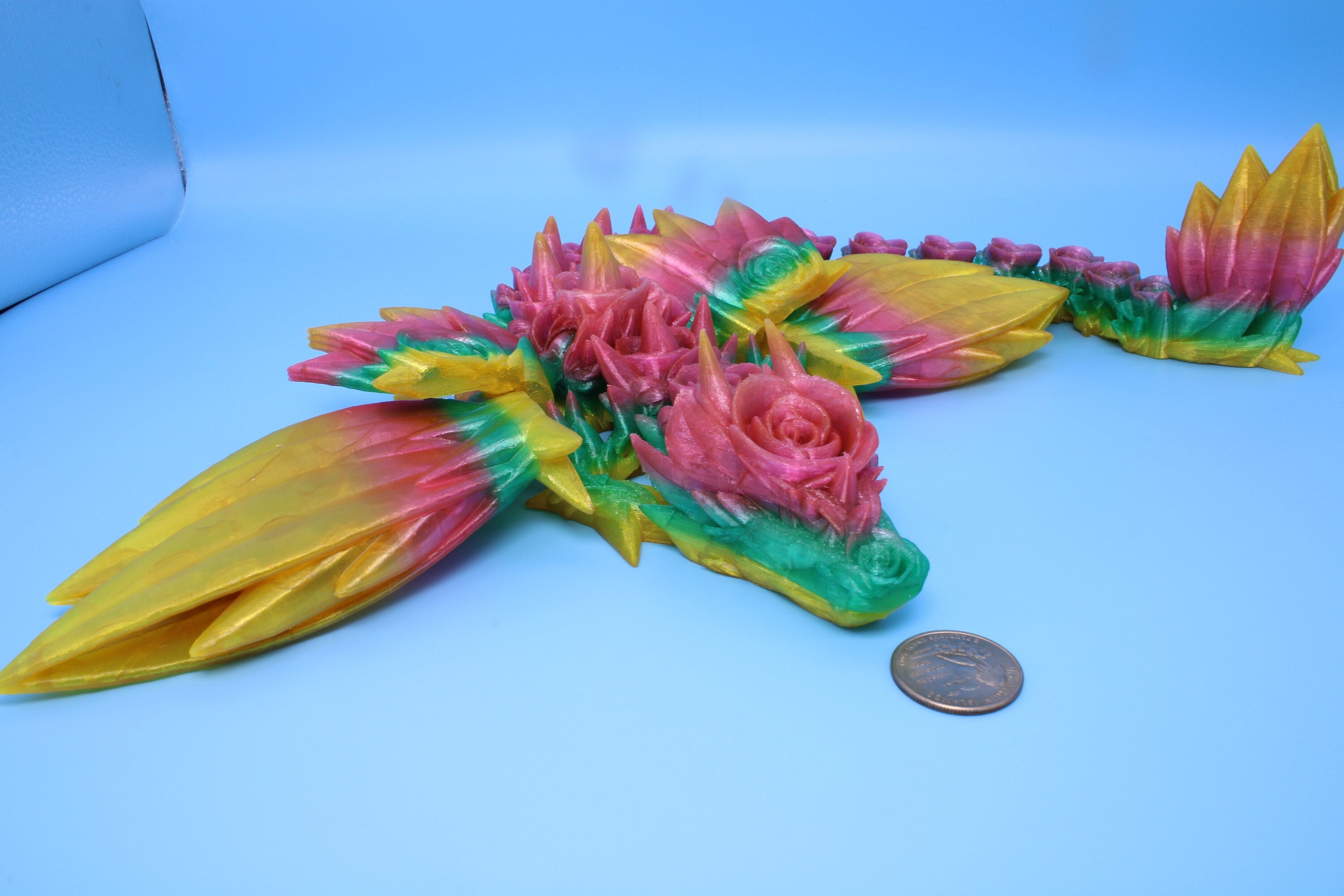 Flexible Rainbow Rose Wing Articulating Dragon | 3D Printed Fidget | Flexi Toy | Adult Fidget Toy | Sensory Desk Toy | 19 in. | (TPU).