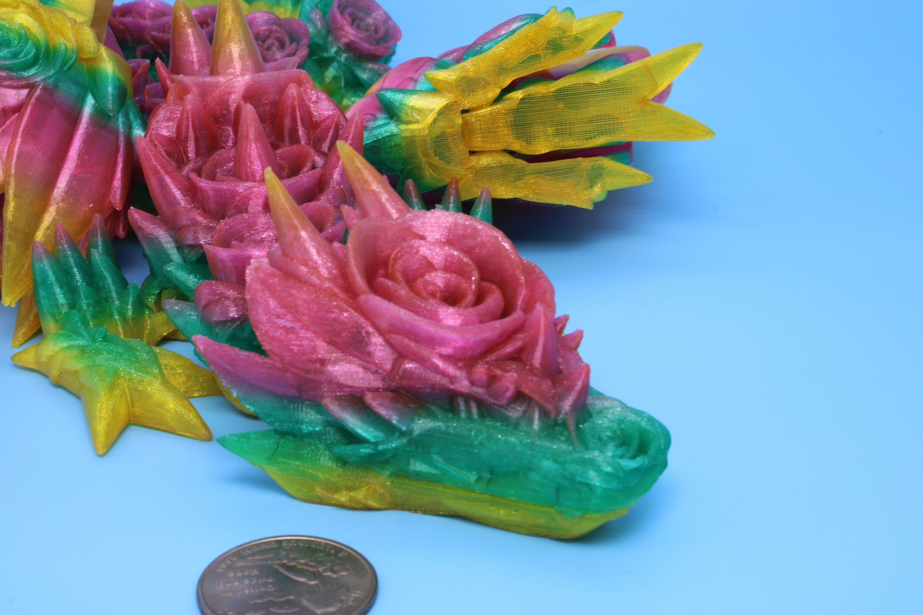 Flexible Rainbow Rose Wing Articulating Dragon | 3D Printed Fidget | Flexi Toy | Adult Fidget Toy | Sensory Desk Toy | 19 in. | (TPU).