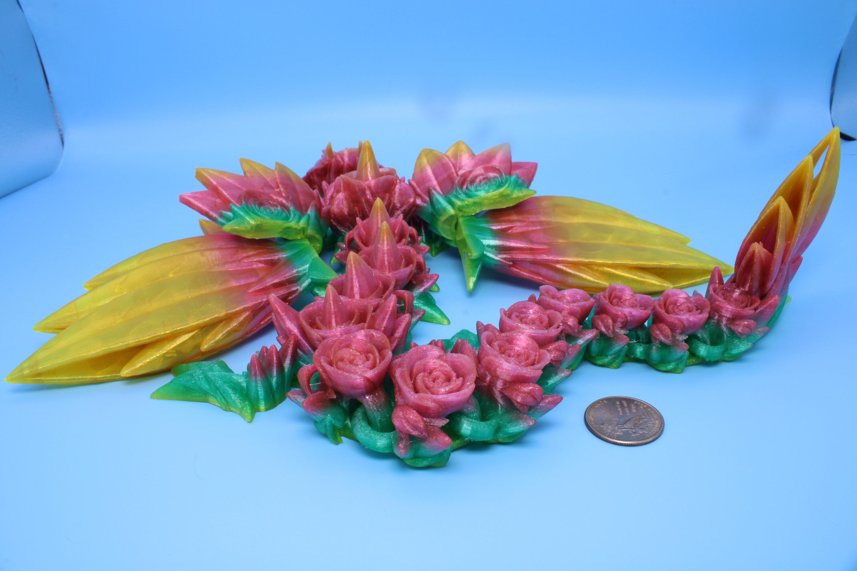 Flexible Rainbow Rose Wing Articulating Dragon | 3D Printed Fidget | Flexi Toy | Adult Fidget Toy | Sensory Desk Toy | 19 in. | (TPU).