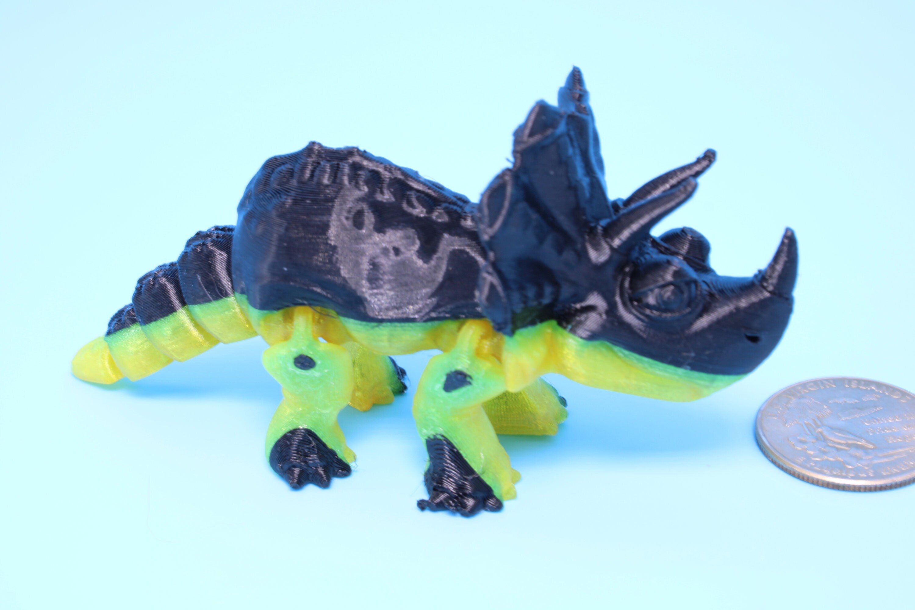 Miniature Triceratops- Black & Yellow | 3D Printed | Articulating Fidget toy | Sensory Toy | 4 in.
