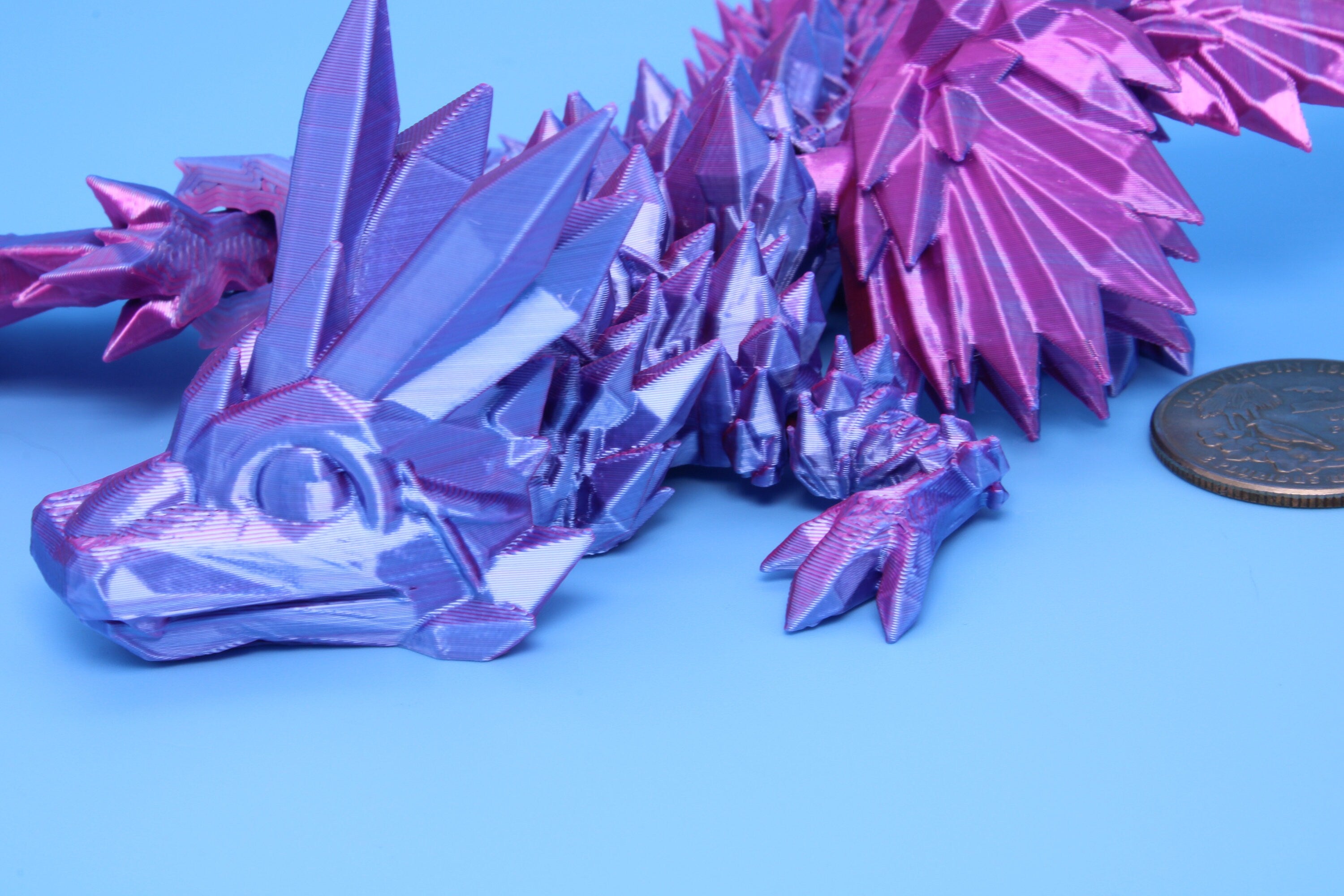 Baby Crystal Wing Dragon- Blue, Pink & Purple Tones | Miniature | 3D printed | Dragon Fidget | Flexi Toy | 7 in. | Pet Dragon.