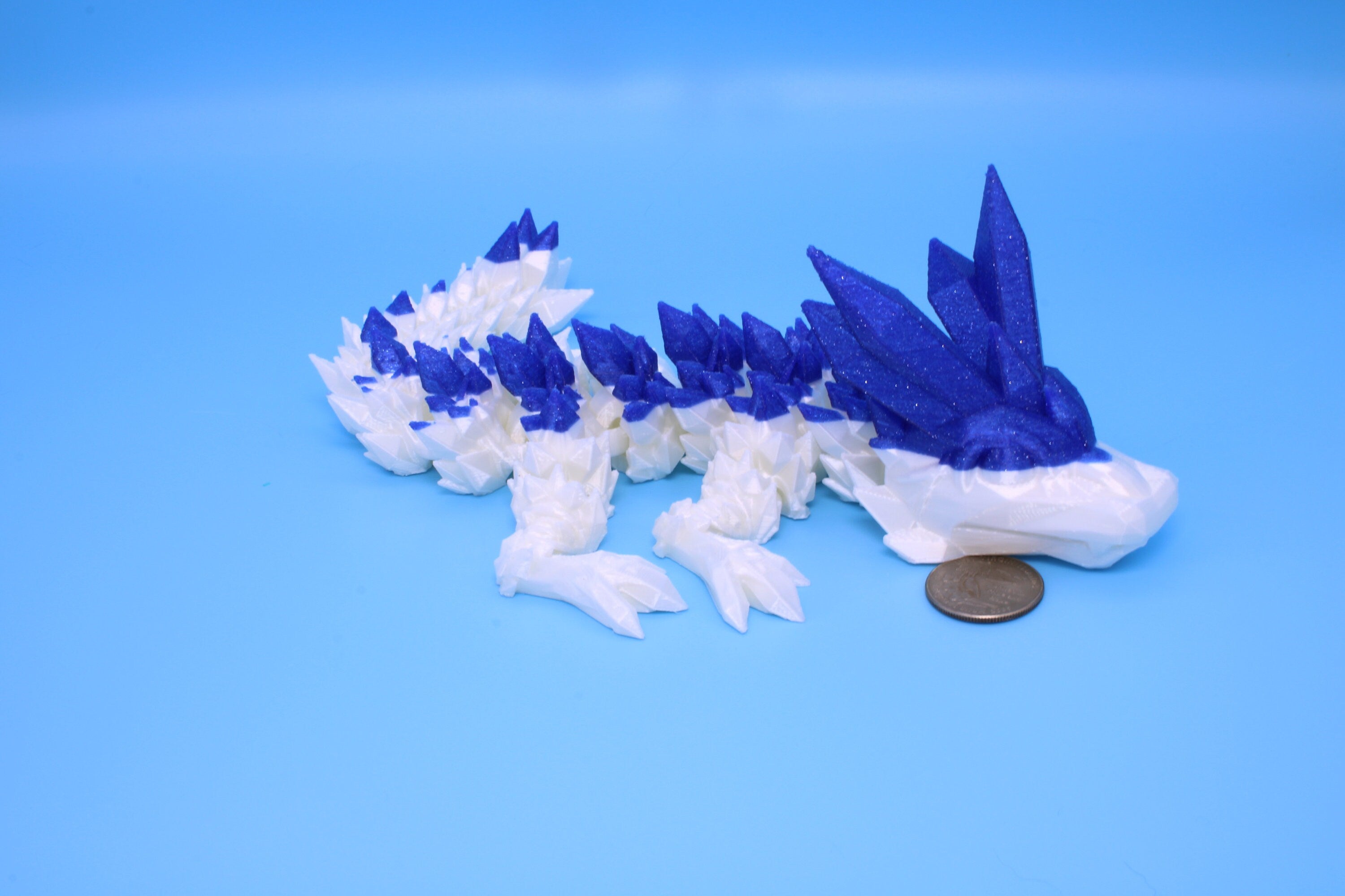 Baby Crystal Dragon- Blue & White | 3D Printed Dragon | Flexi Toy | Adult Fidget Toy | 11.5 inch.