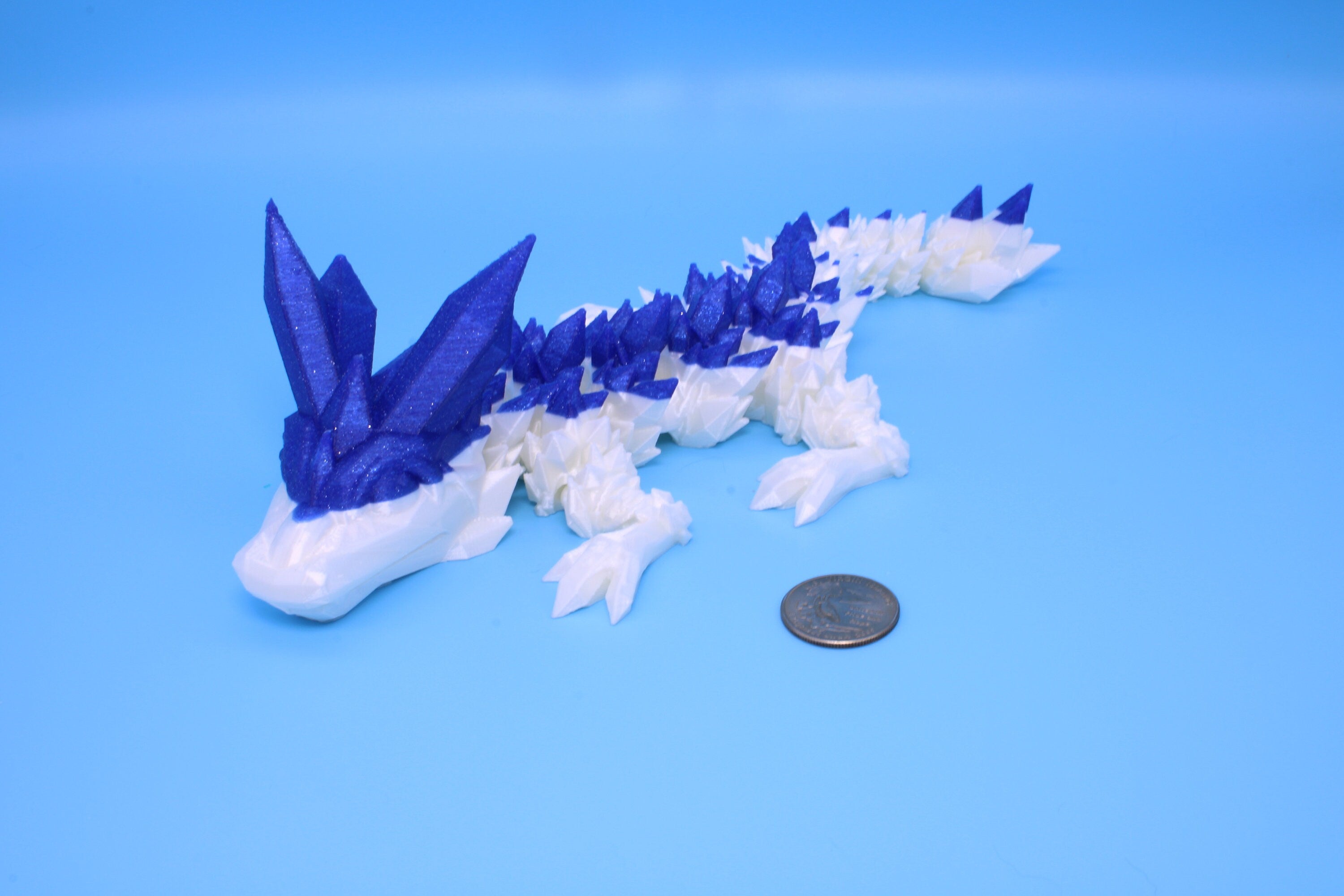 Baby Crystal Dragon- Blue & White | 3D Printed Dragon | Flexi Toy | Adult Fidget Toy | 11.5 inch.