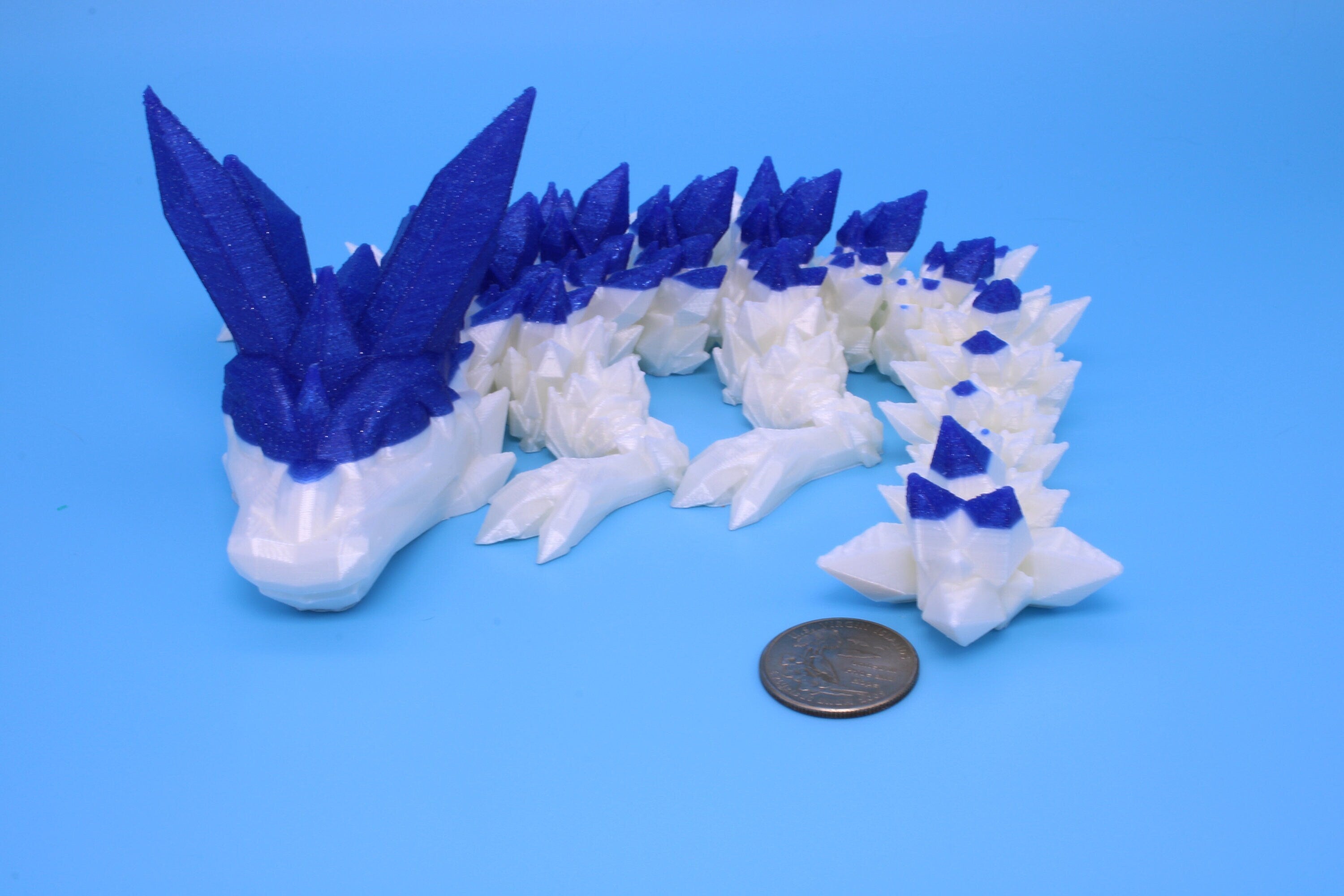 Baby Crystal Dragon- Blue & White | 3D Printed Dragon | Flexi Toy | Adult Fidget Toy | 11.5 inch.