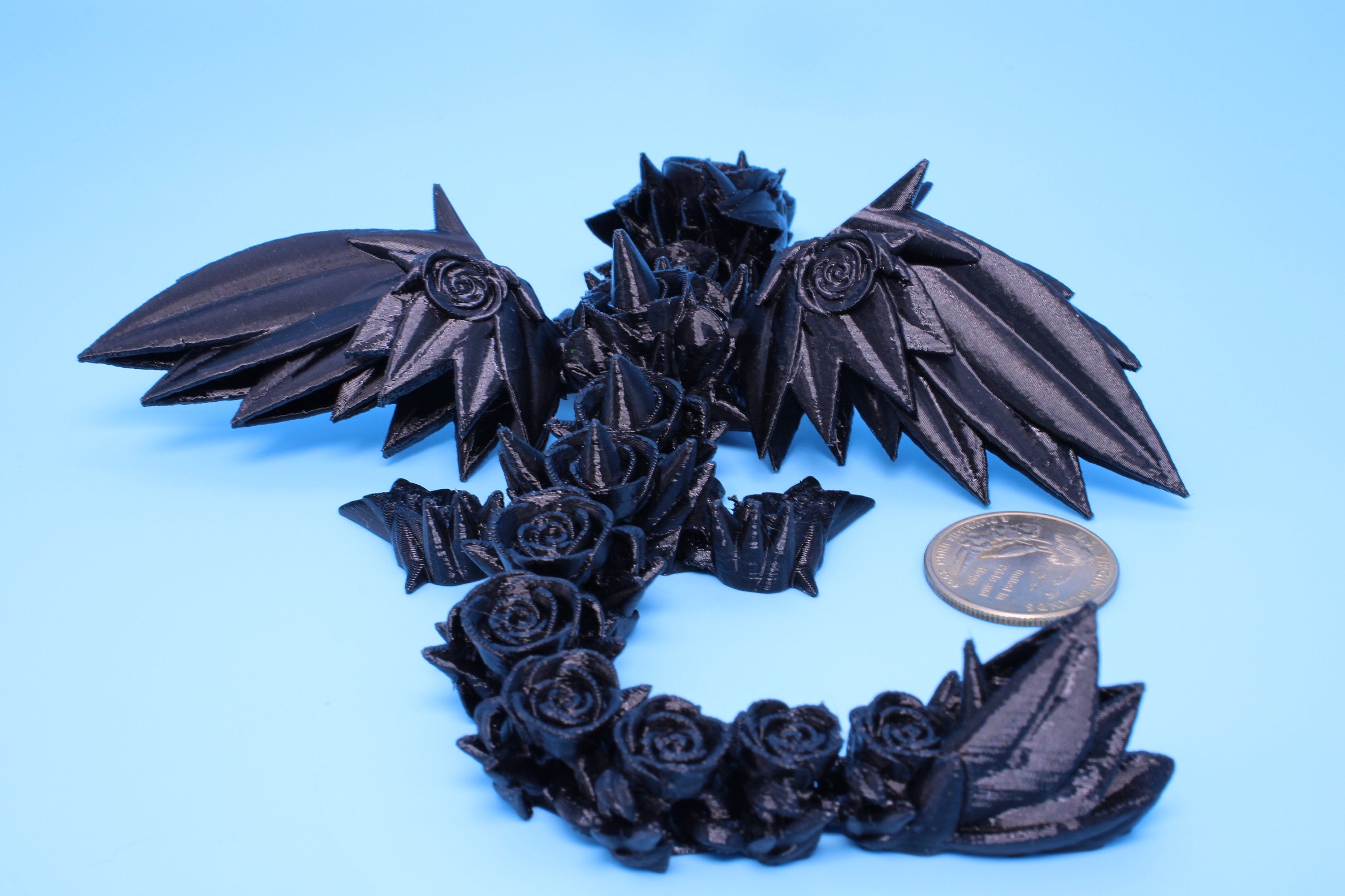 Baby Rose Wing Dragon | Black | 3D Printed | Fidget | Flexi Toy 8.5 in. | Stress Relief Gift