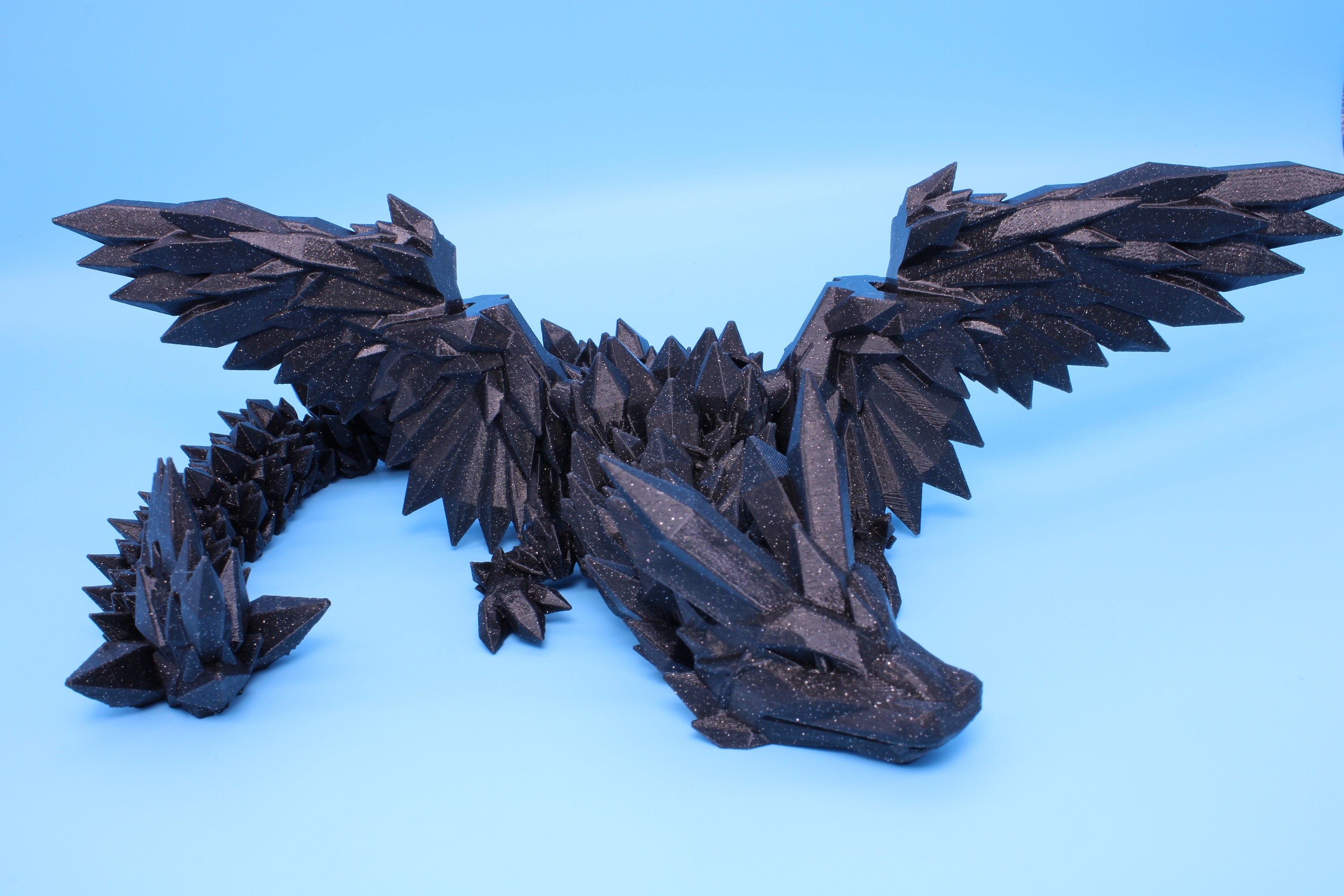 Crystal Wing Dragon- Black with Sparkles | 3D printed | 18 in. | Articulating Dragon | Flexi Toy.