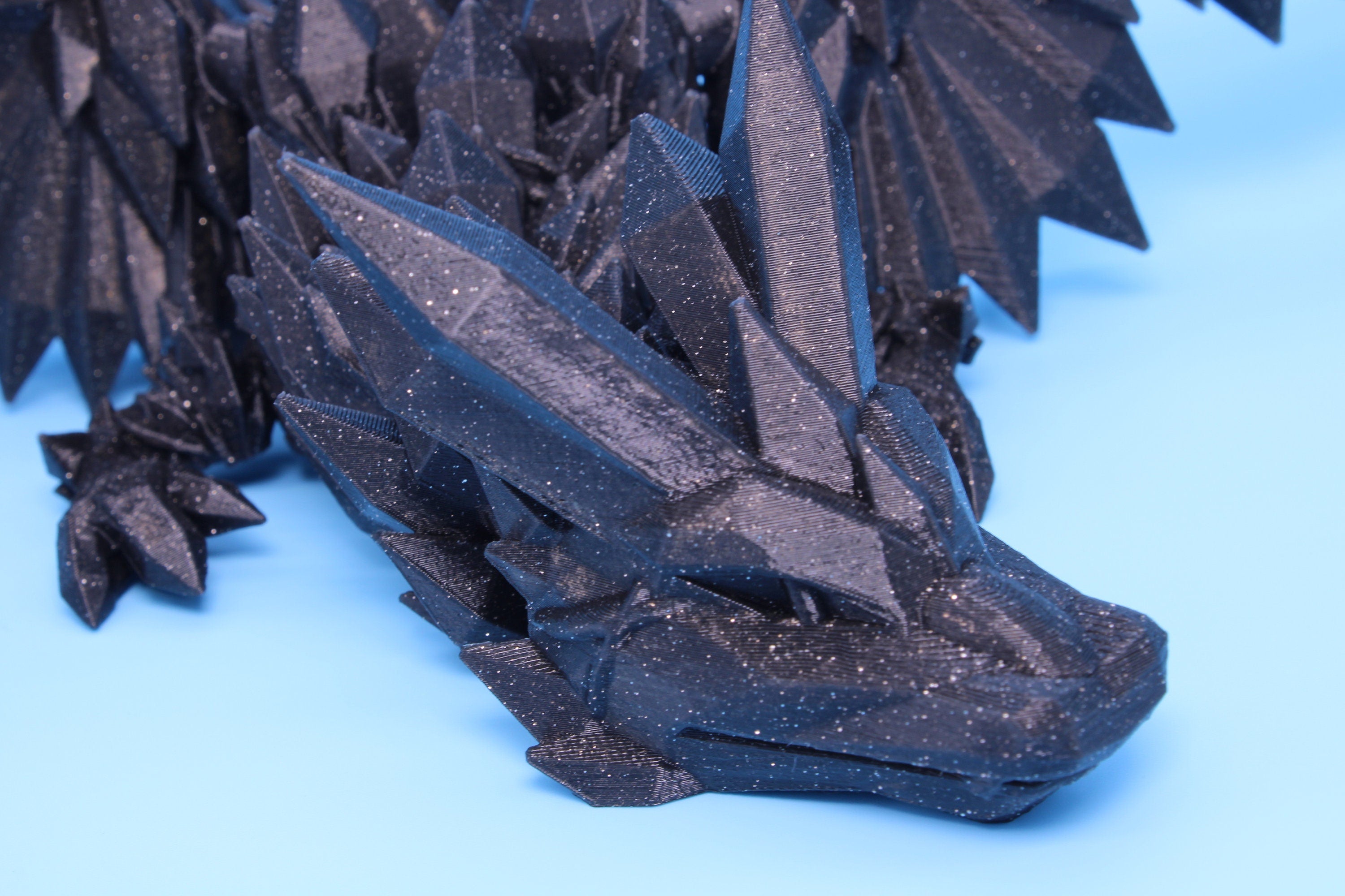 Crystal Wing Dragon- Black with Sparkles | 3D printed | 18 in. | Articulating Dragon | Flexi Toy.