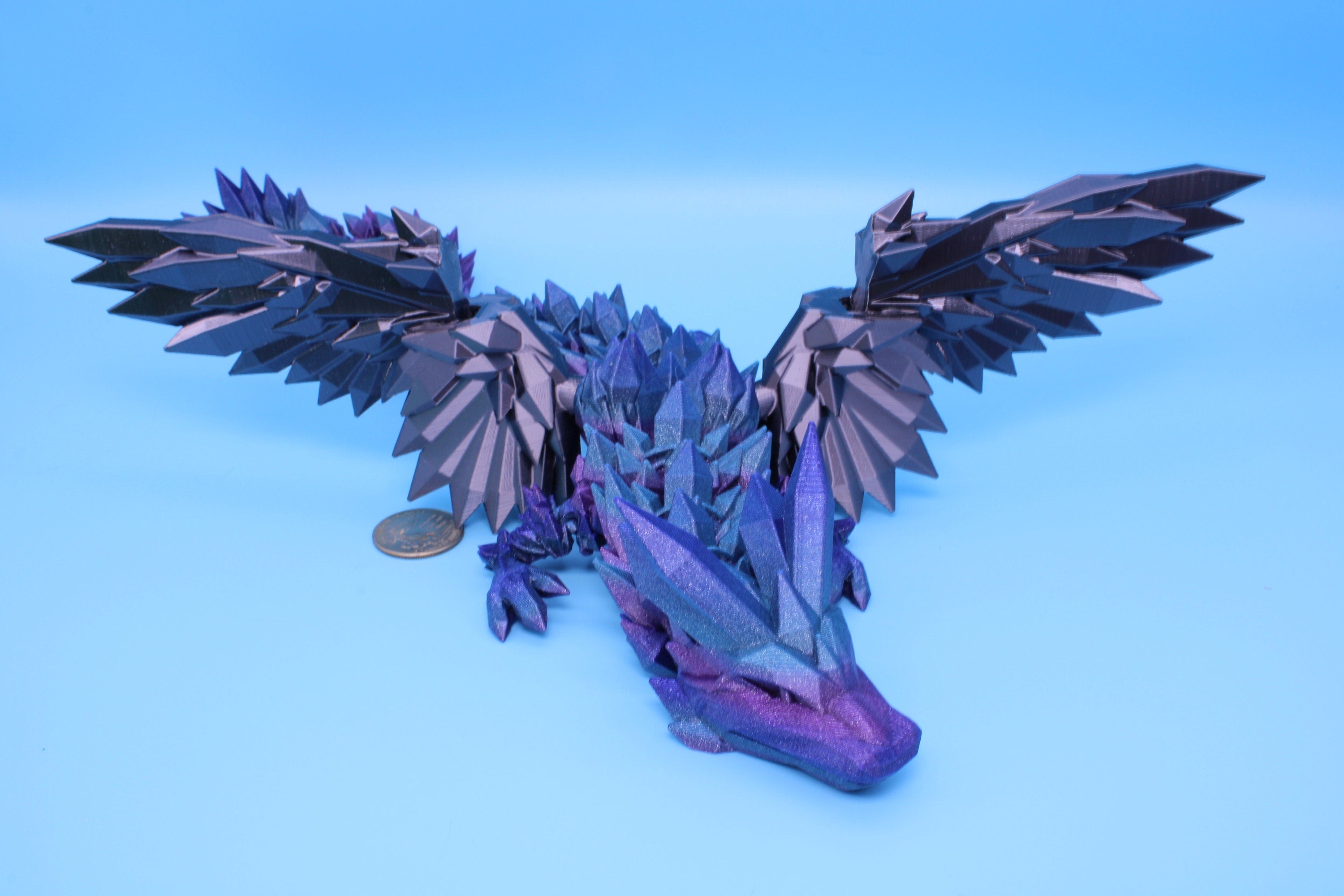 Crystal Wing Dragon- Blue / Purple Rainbow with Black Wings | 3D printed | 18 in. | Articulating Dragon | Flexi Toy.