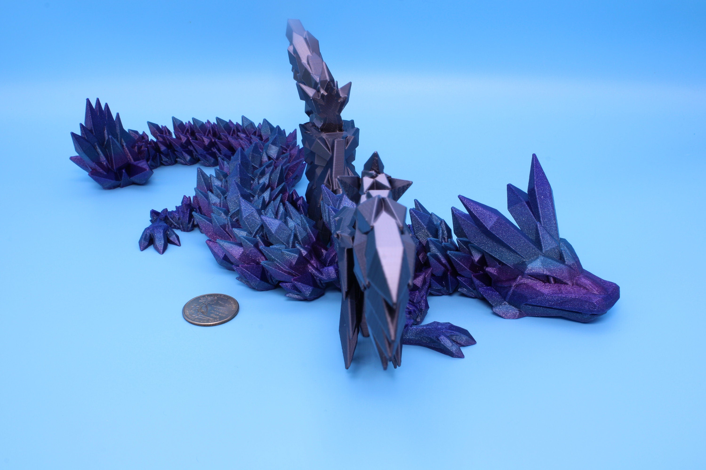 Crystal Wing Dragon- Blue / Purple Rainbow with Black Wings | 3D printed | 18 in. | Articulating Dragon | Flexi Toy.