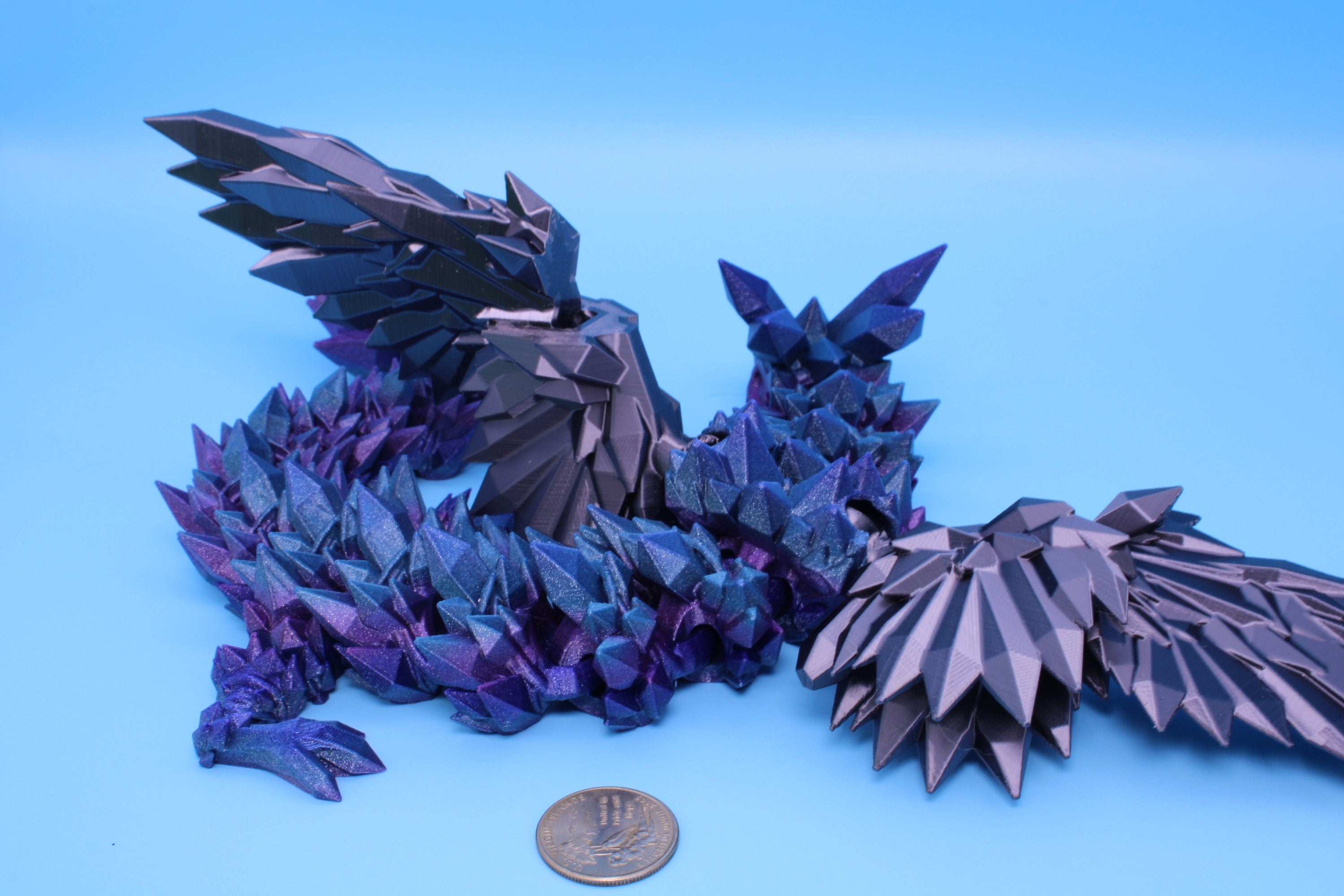 Crystal Wing Dragon- Blue / Purple Rainbow with Black Wings | 3D printed | 18 in. | Articulating Dragon | Flexi Toy.