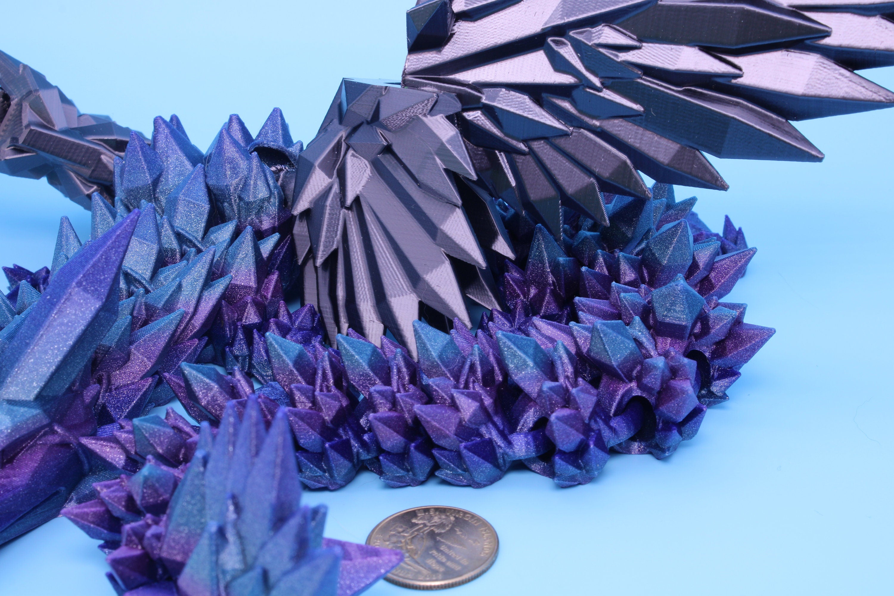 Crystal Wing Dragon- Blue / Purple Rainbow with Black Wings | 3D printed | 18 in. | Articulating Dragon | Flexi Toy.