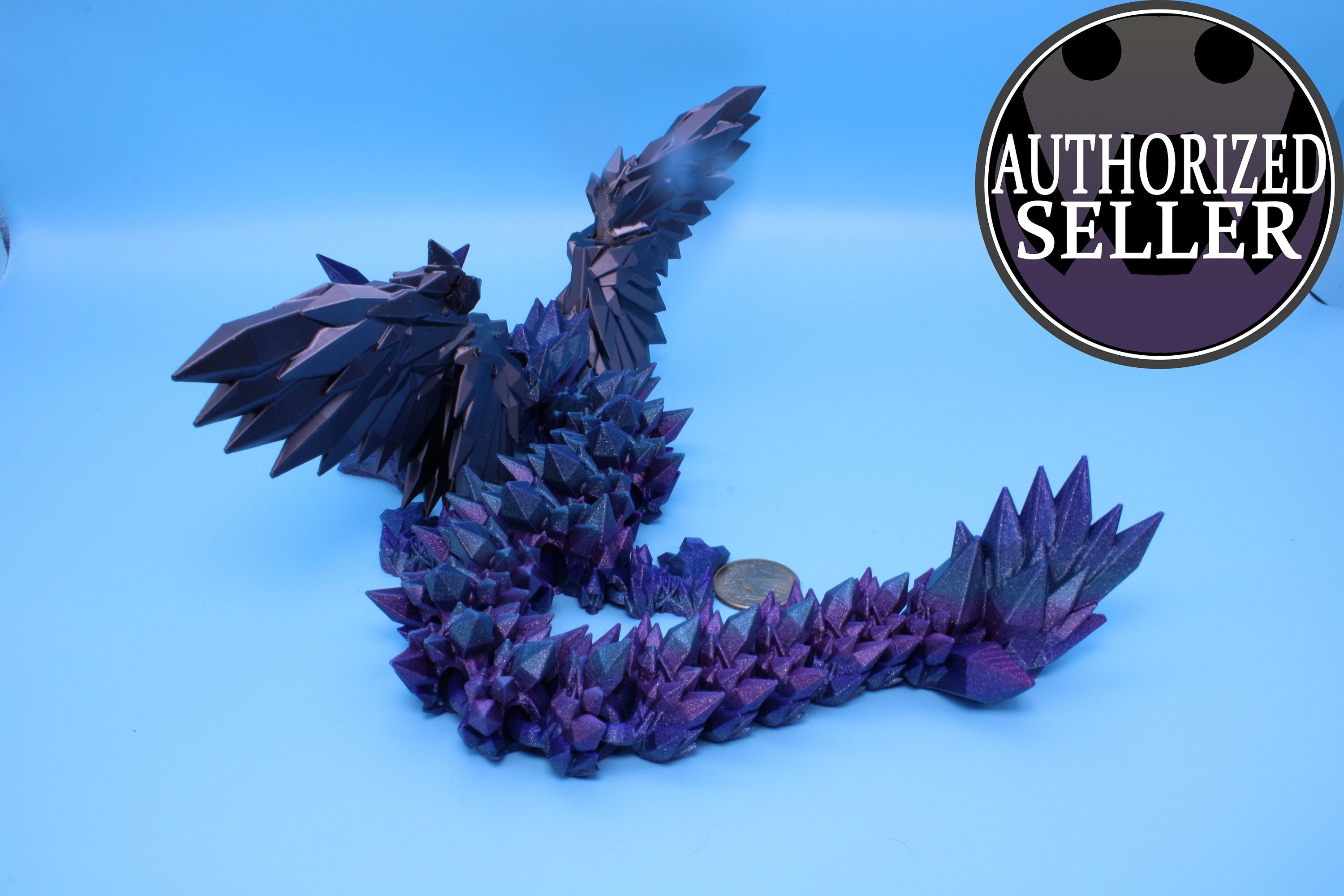 Crystal Wing Dragon- Blue / Purple Rainbow with Black Wings | 3D printed | 18 in. | Articulating Dragon | Flexi Toy.