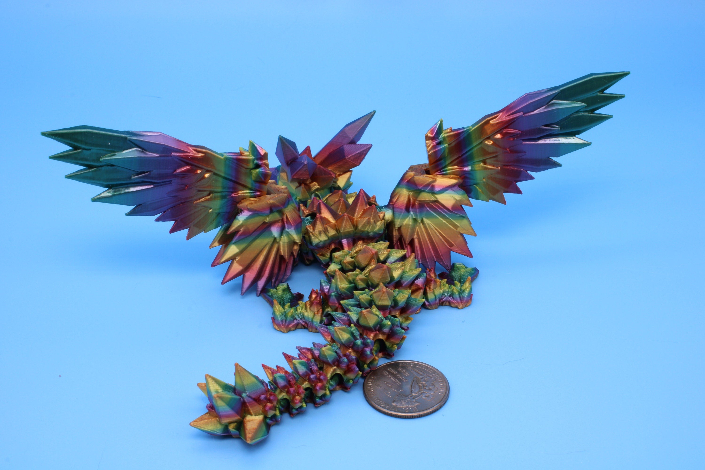 Baby Crystal Wing Dragon- Rainbow | Miniature | 3D printed | Dragon Fidget | Flexi Toy | 7 in. | Pet Dragon.