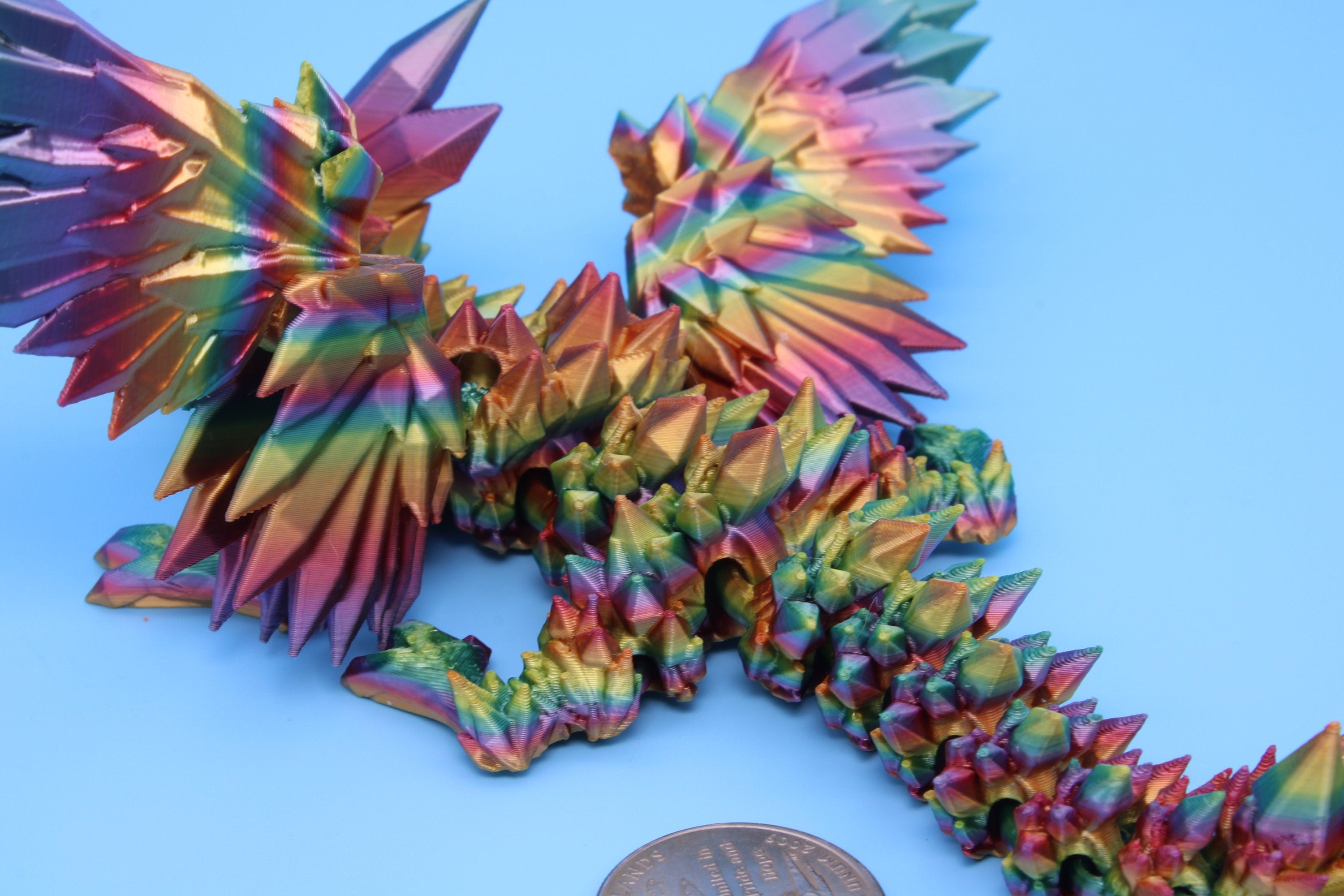 Baby Crystal Wing Dragon- Rainbow | Miniature | 3D printed | Dragon Fidget | Flexi Toy | 7 in. | Pet Dragon.