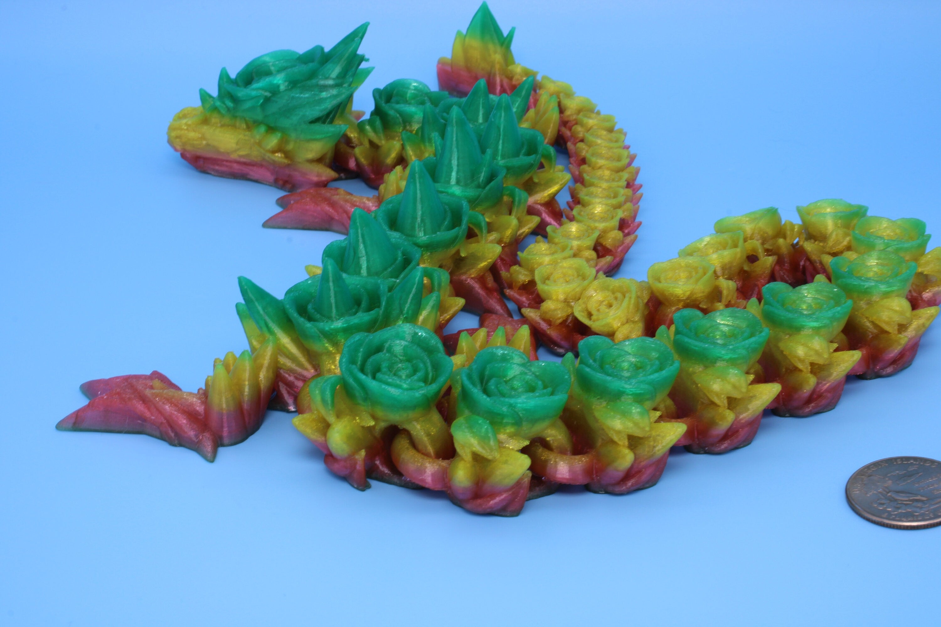 Rose Dragon- Green & Yellow | 3D Printed TPU | Fidget, Sensory Toy Dragon, Desk Toys. 29 in.