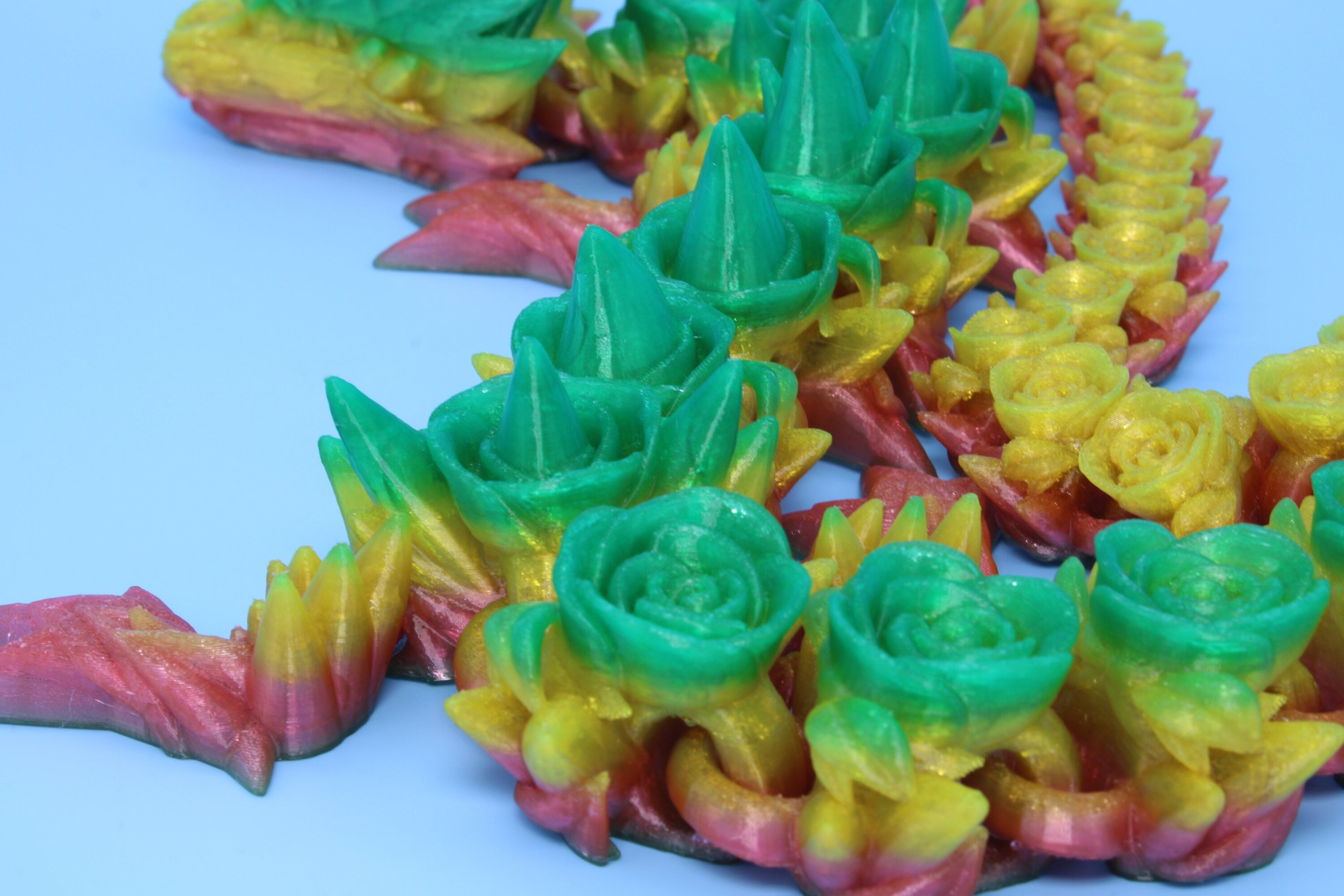 Rose Dragon- Green & Yellow | 3D Printed TPU | Fidget, Sensory Toy Dragon, Desk Toys. 29 in.