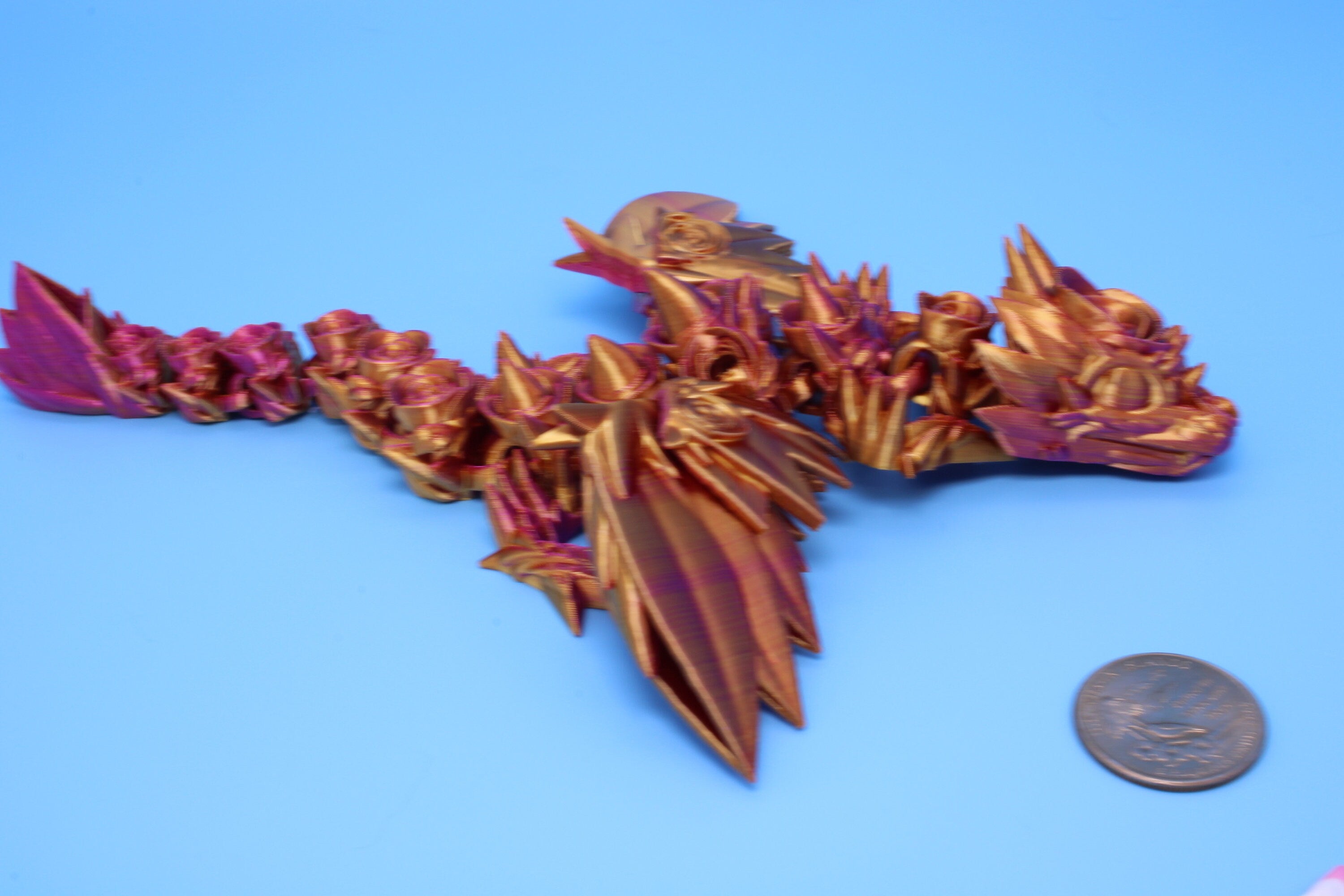 Baby Rose Wing Dragon | Pink & Gold | 3D Printed | Fidget | Flexi Toy 8.5 in. | Stress Relief Gift