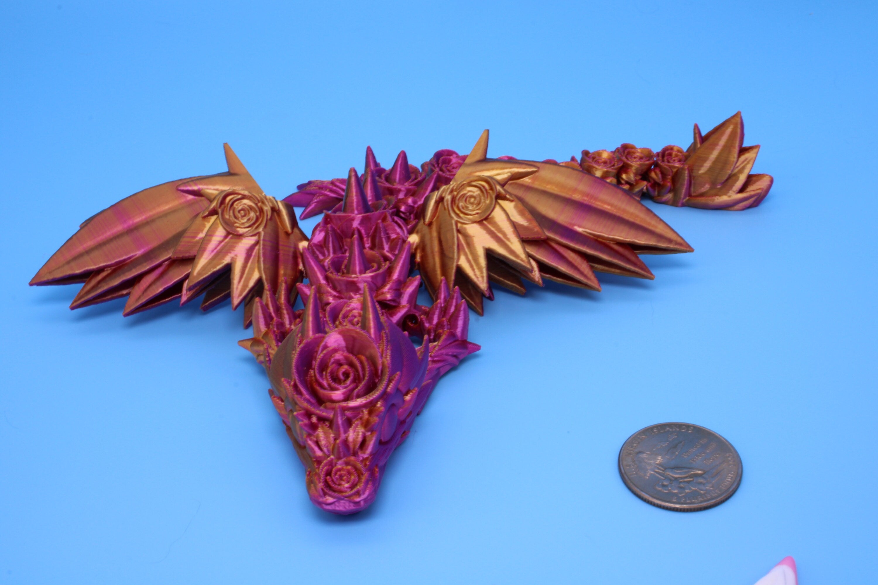 Baby Rose Wing Dragon | Pink & Gold | 3D Printed | Fidget | Flexi Toy 8.5 in. | Stress Relief Gift